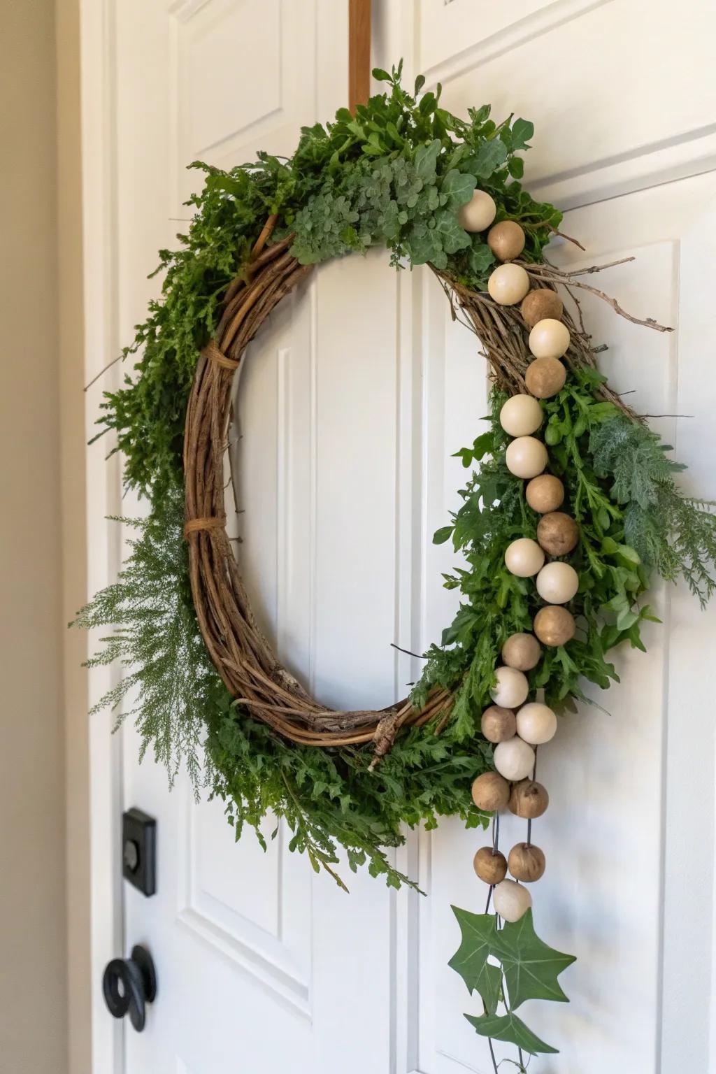 Wood beads create a modern statement on this grapevine wreath.