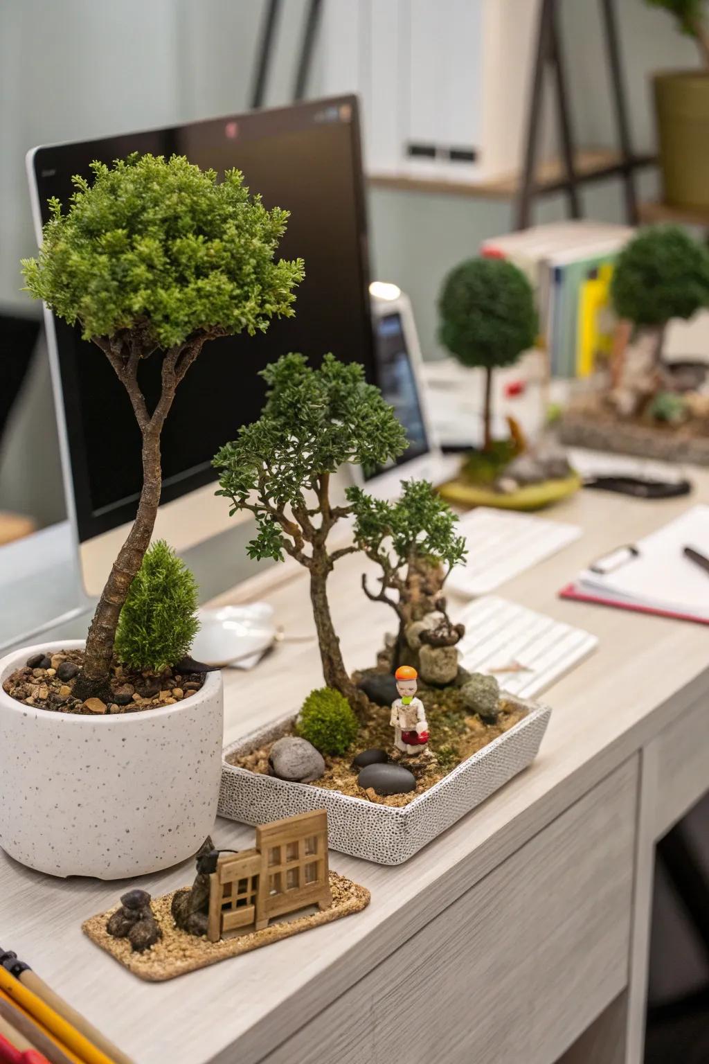 Miniature trees bring a festive touch to your office decor.