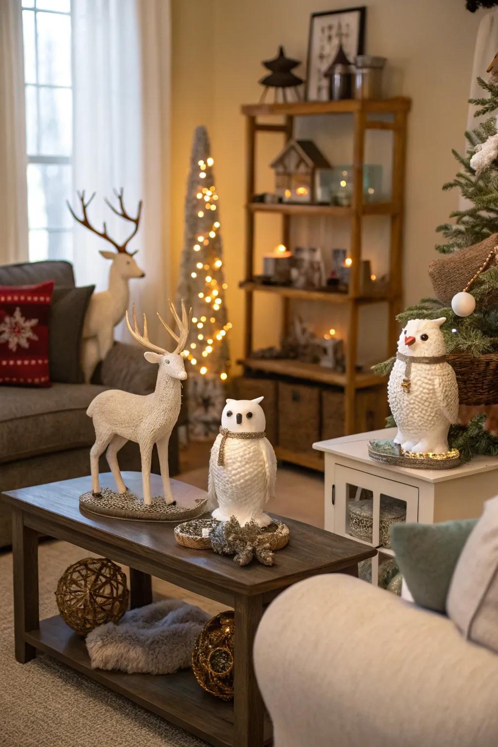 Winter animal figurines add a whimsical touch to your decor.