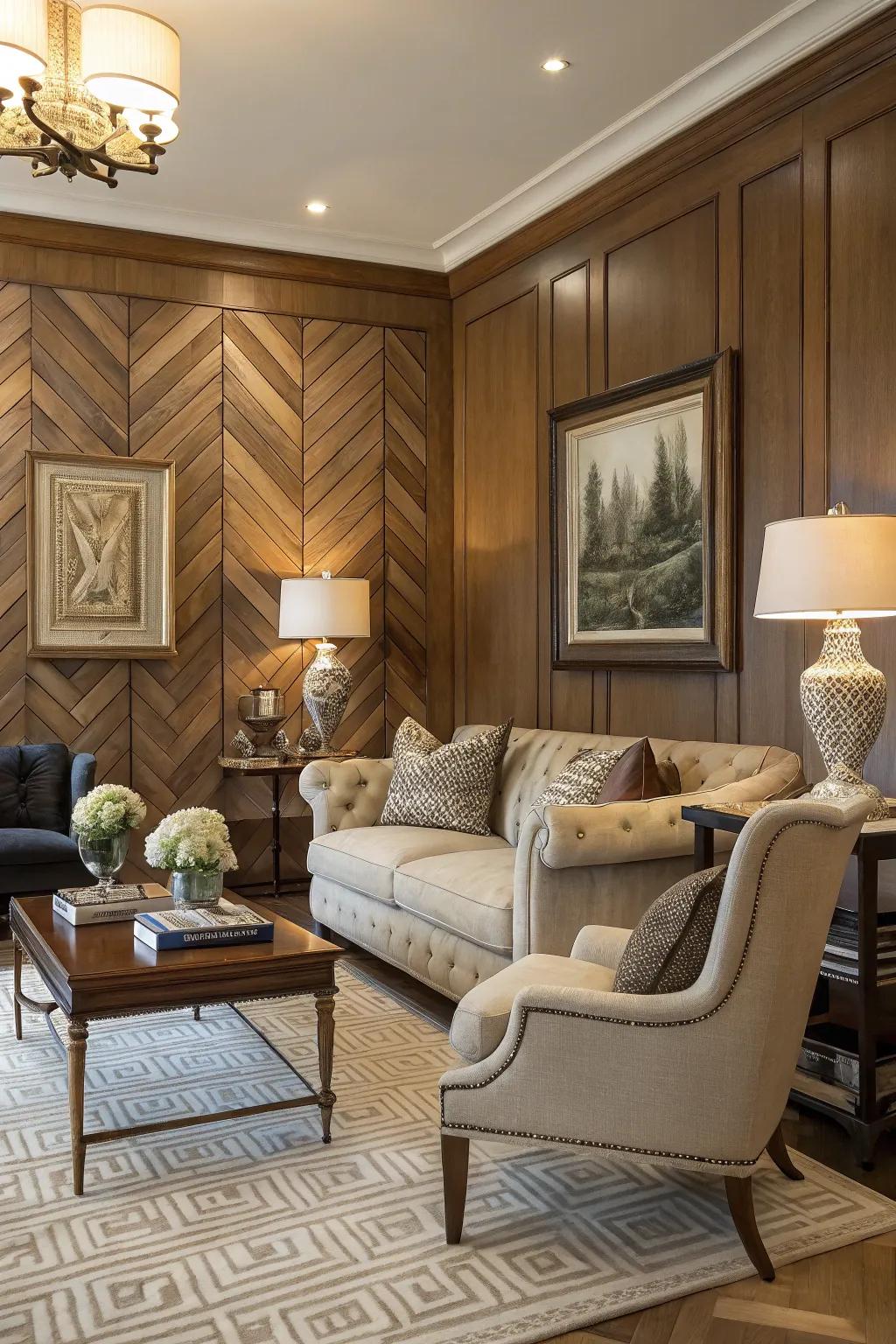 A sophisticated living room with a herringbone wood accent wall.