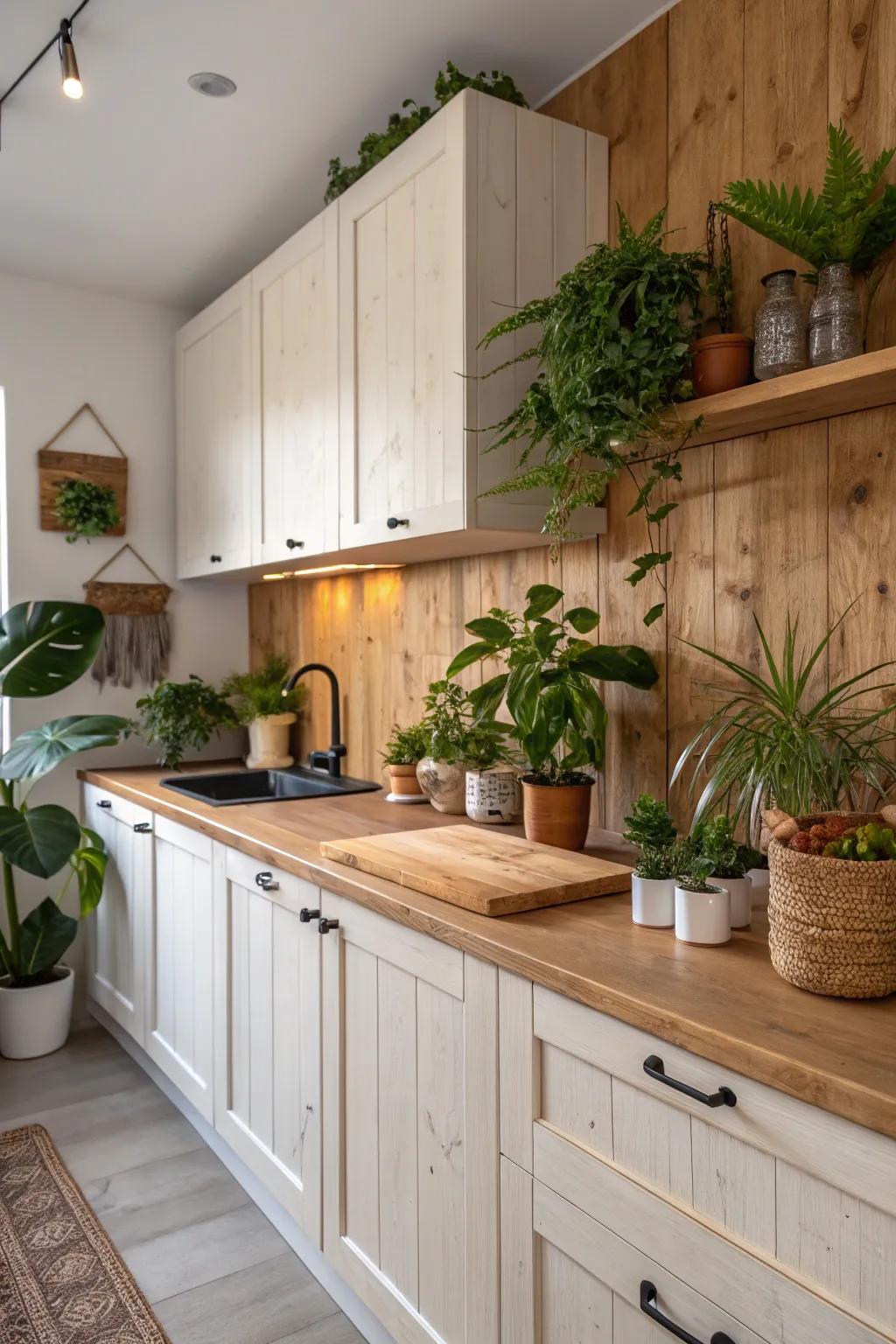 An organic kitchen featuring a natural wood grain backsplash for an earthy touch.