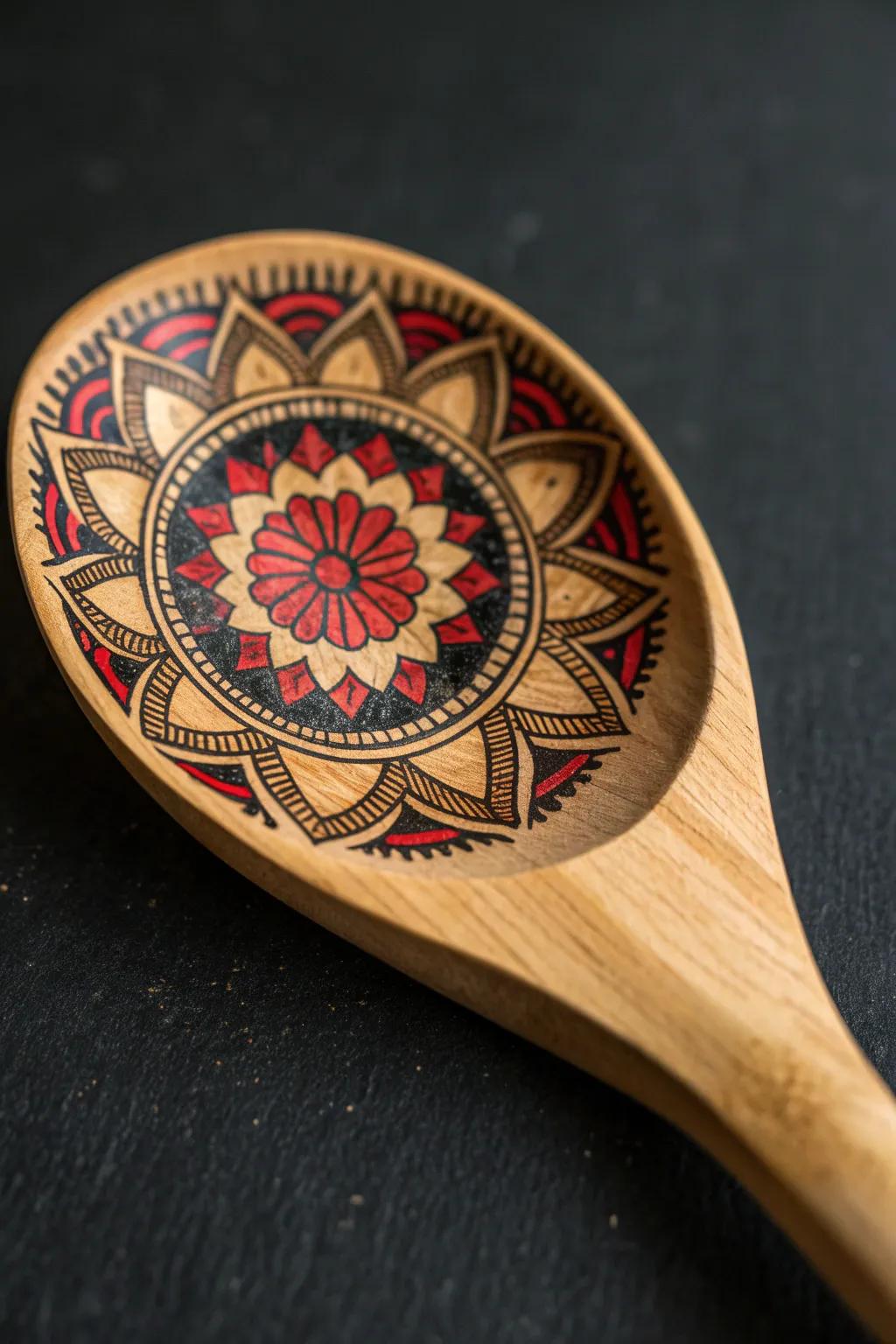 Discover the art of mandala magic with this exquisite wood-burned spoon.