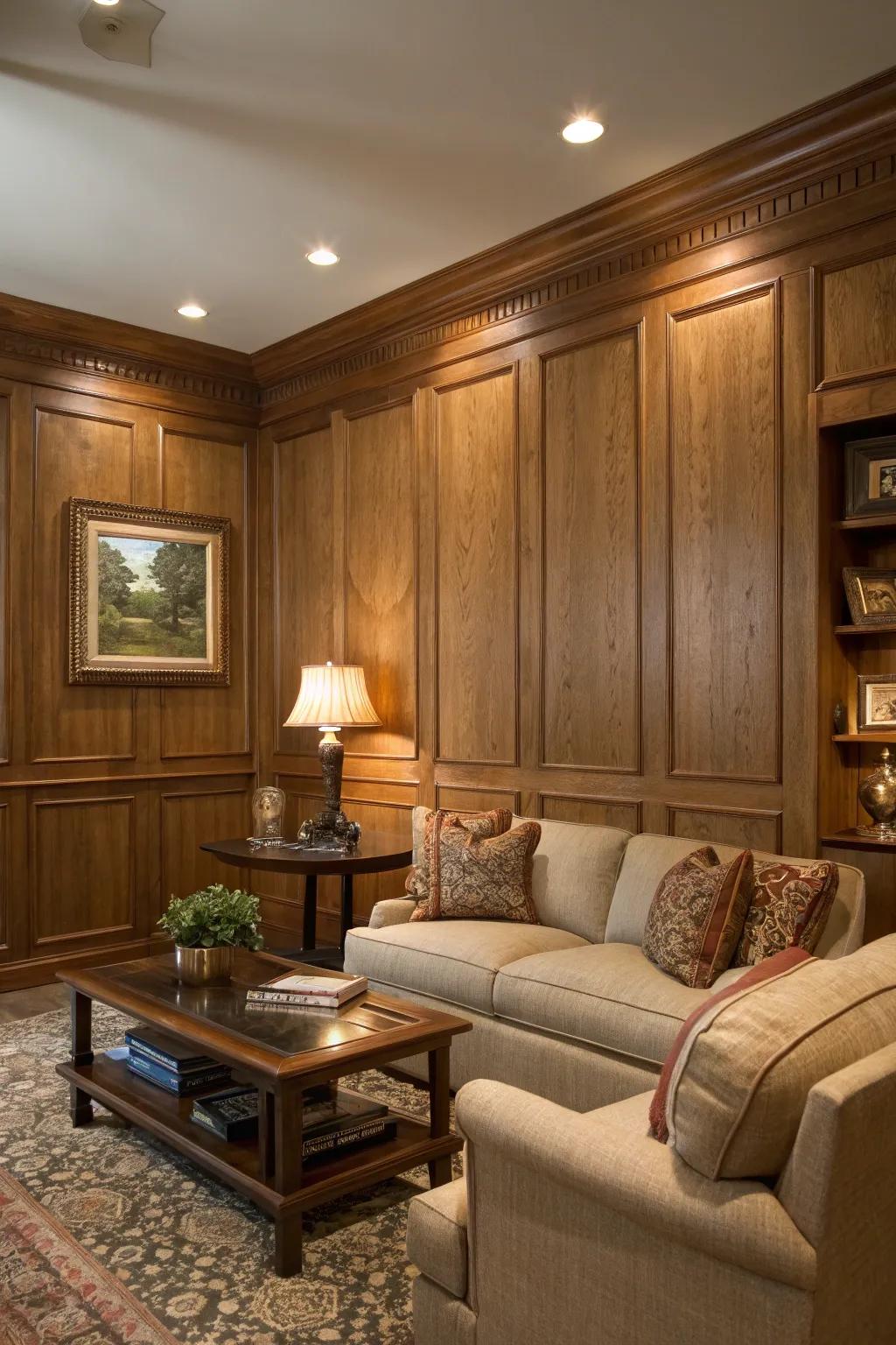 Living room with elegant raised trimwork on wood panels.