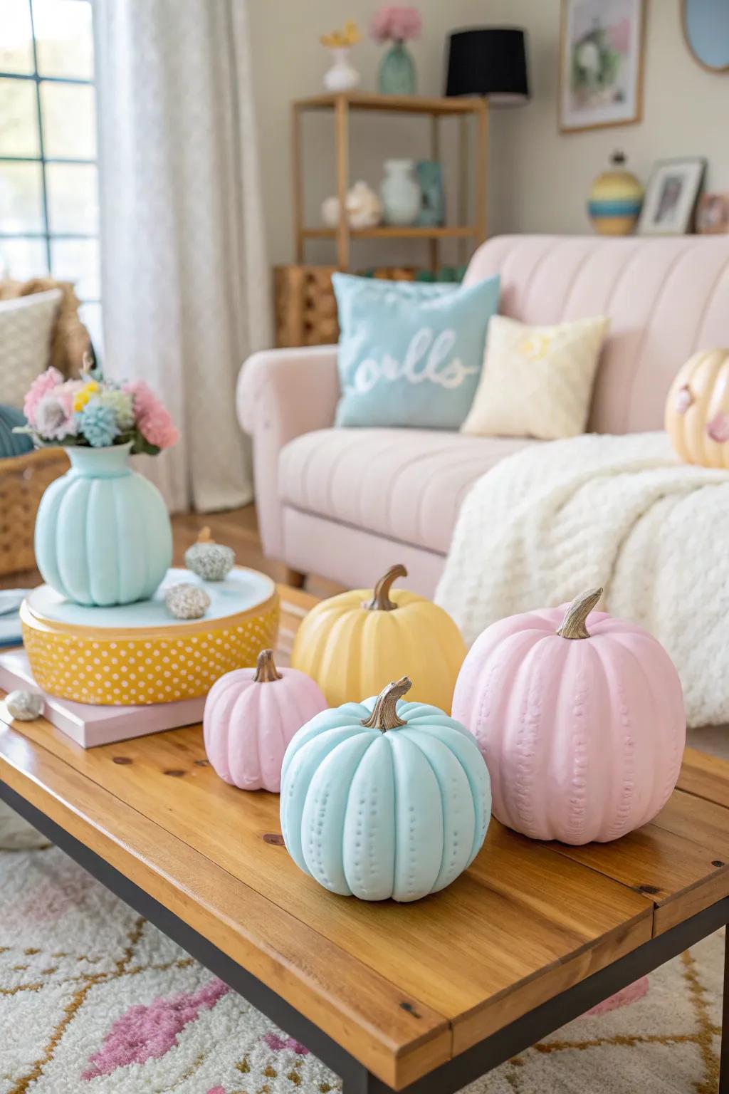 Create a soft and dreamy look with pastel-painted pumpkins.