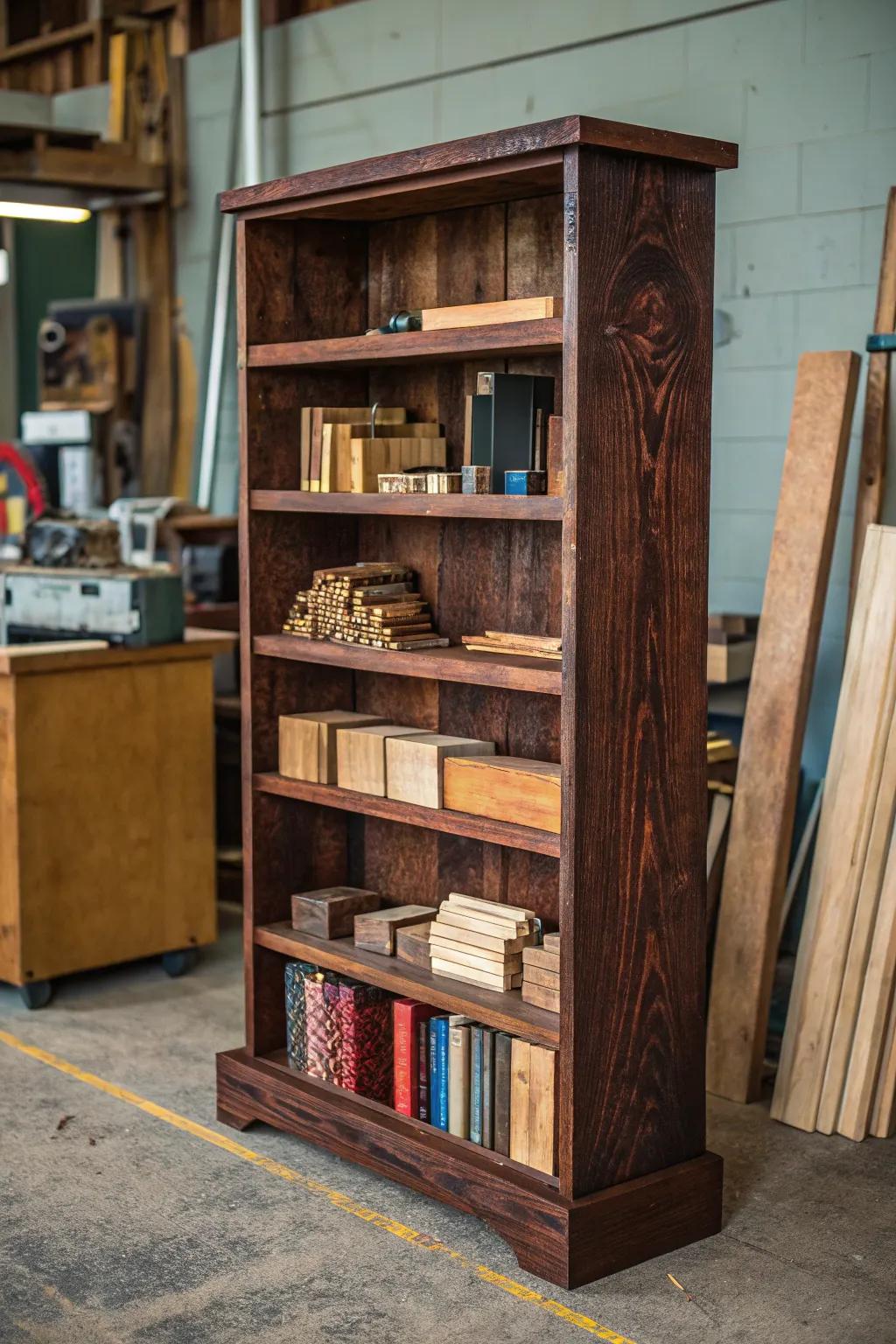 Transform your workshop with a repurposed bookshelf: the perfect blend of style and organization for your scrap wood collection.