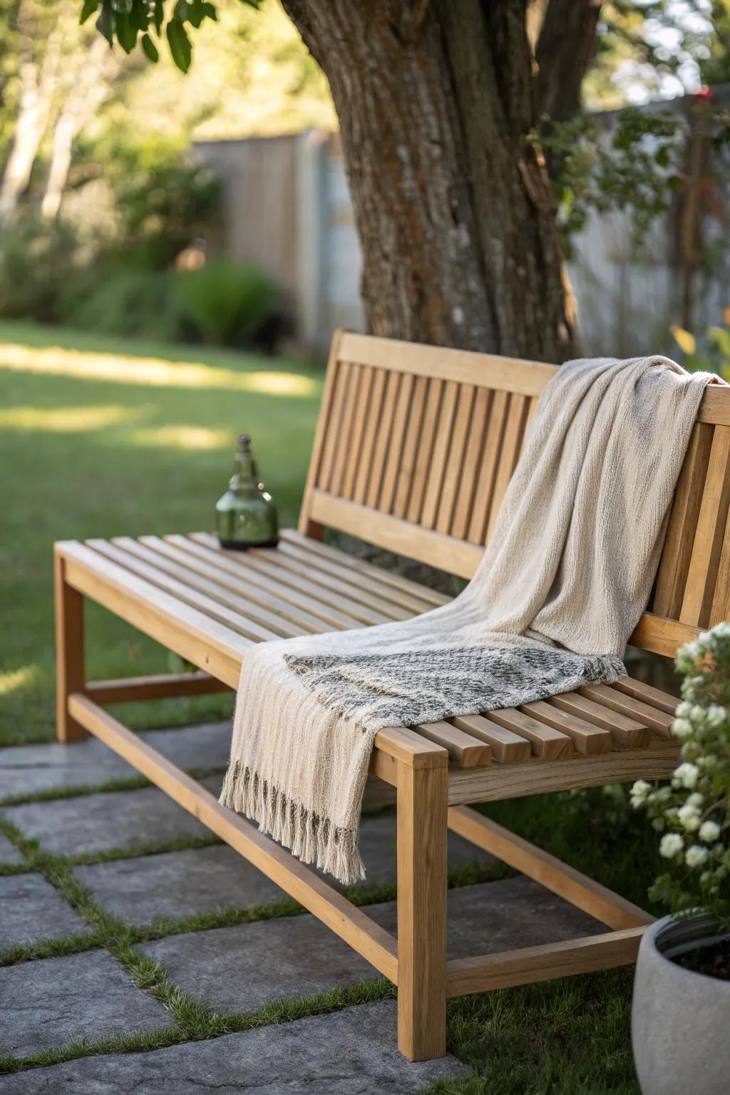 Embrace outdoor elegance with a handcrafted wood slat bench, where simplicity meets natural beauty.