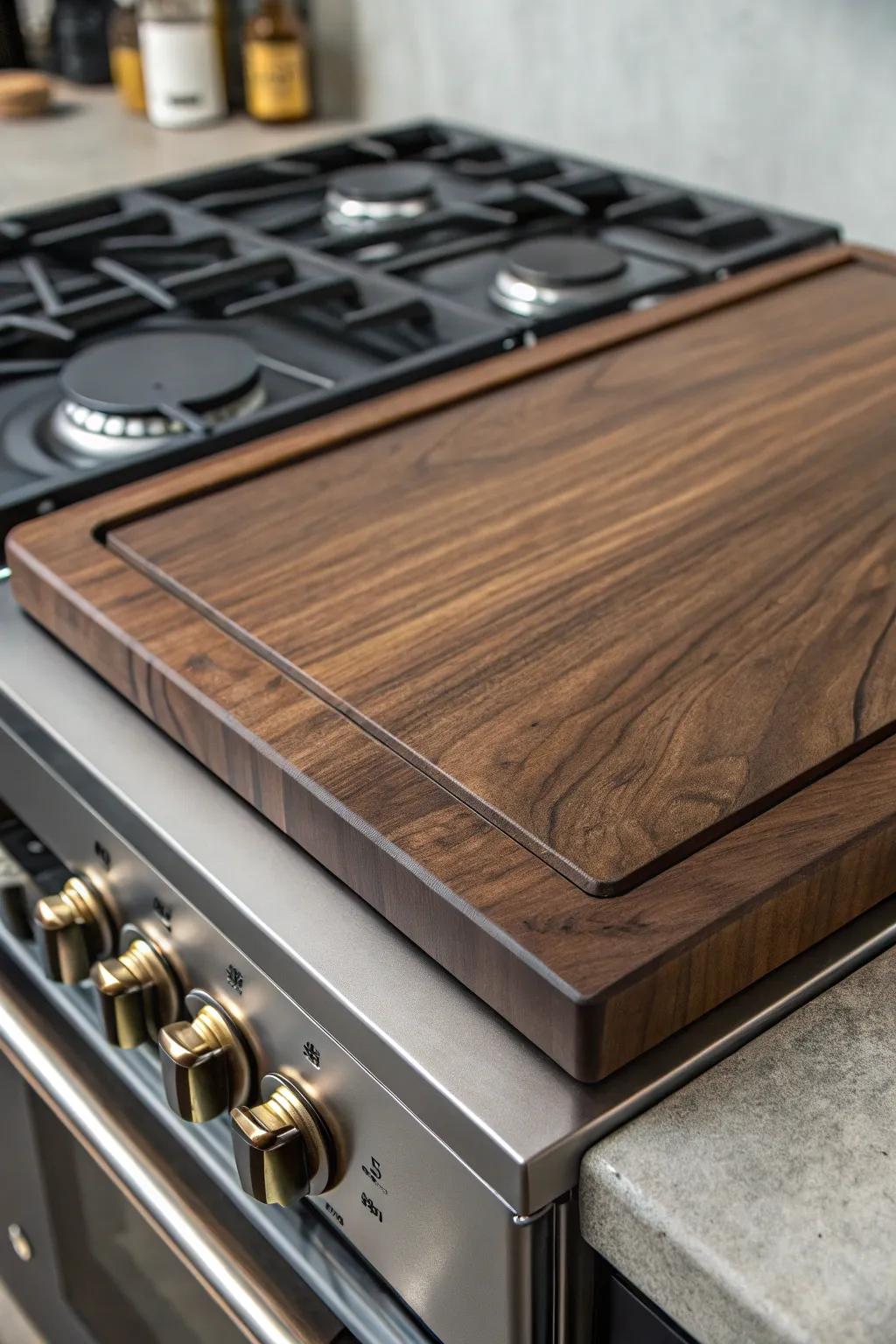 Elevate your kitchen with the elegance of a minimalist walnut wood stove top cover.