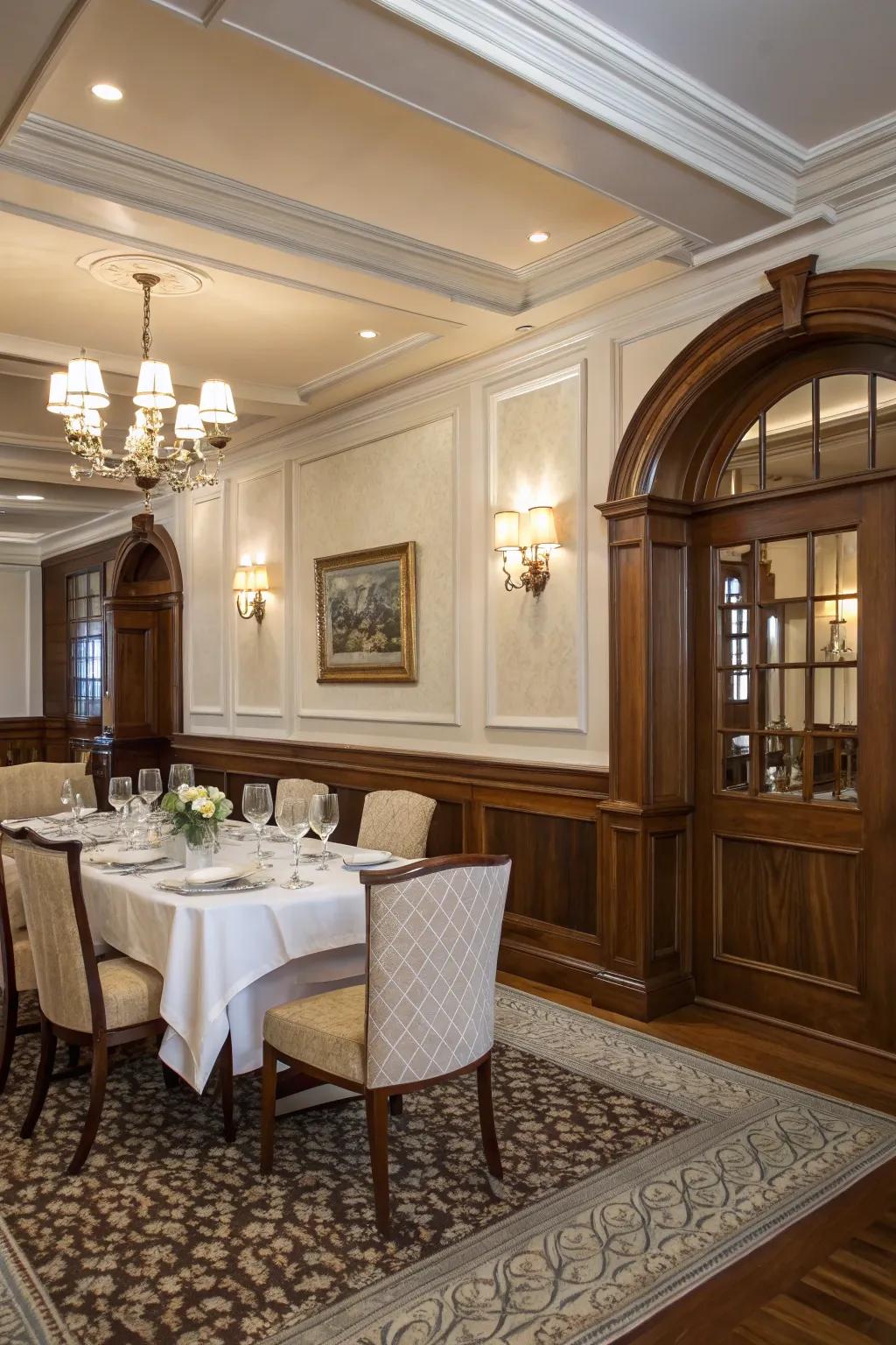 Refined dining area with classic half wall molding.