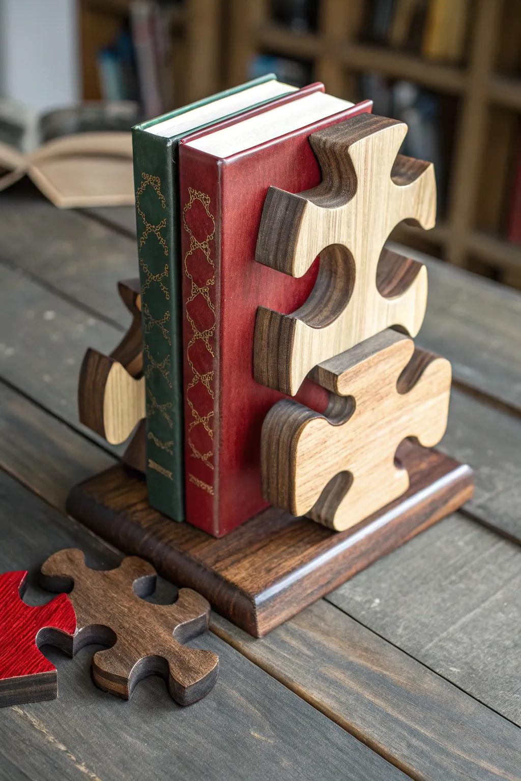 Unlock the elegance of craftsmanship with this puzzle piece book stand.