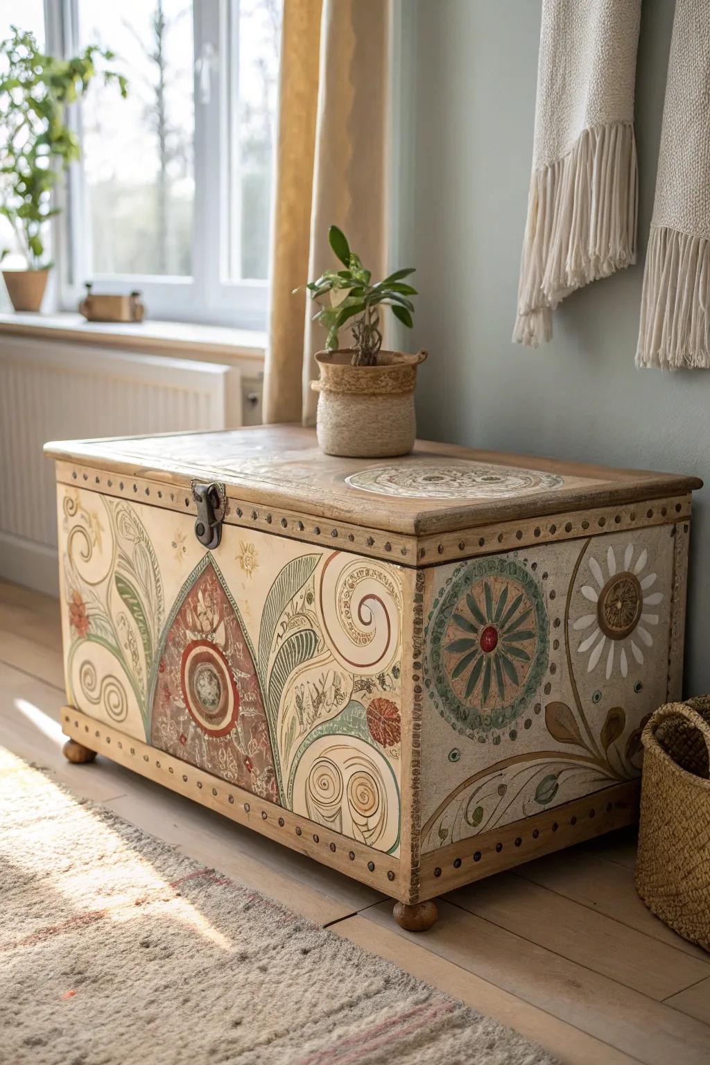 Transform your space with a bohemian touch: a wooden chest adorned with eclectic patterns brings vibrant life to minimalist decor.