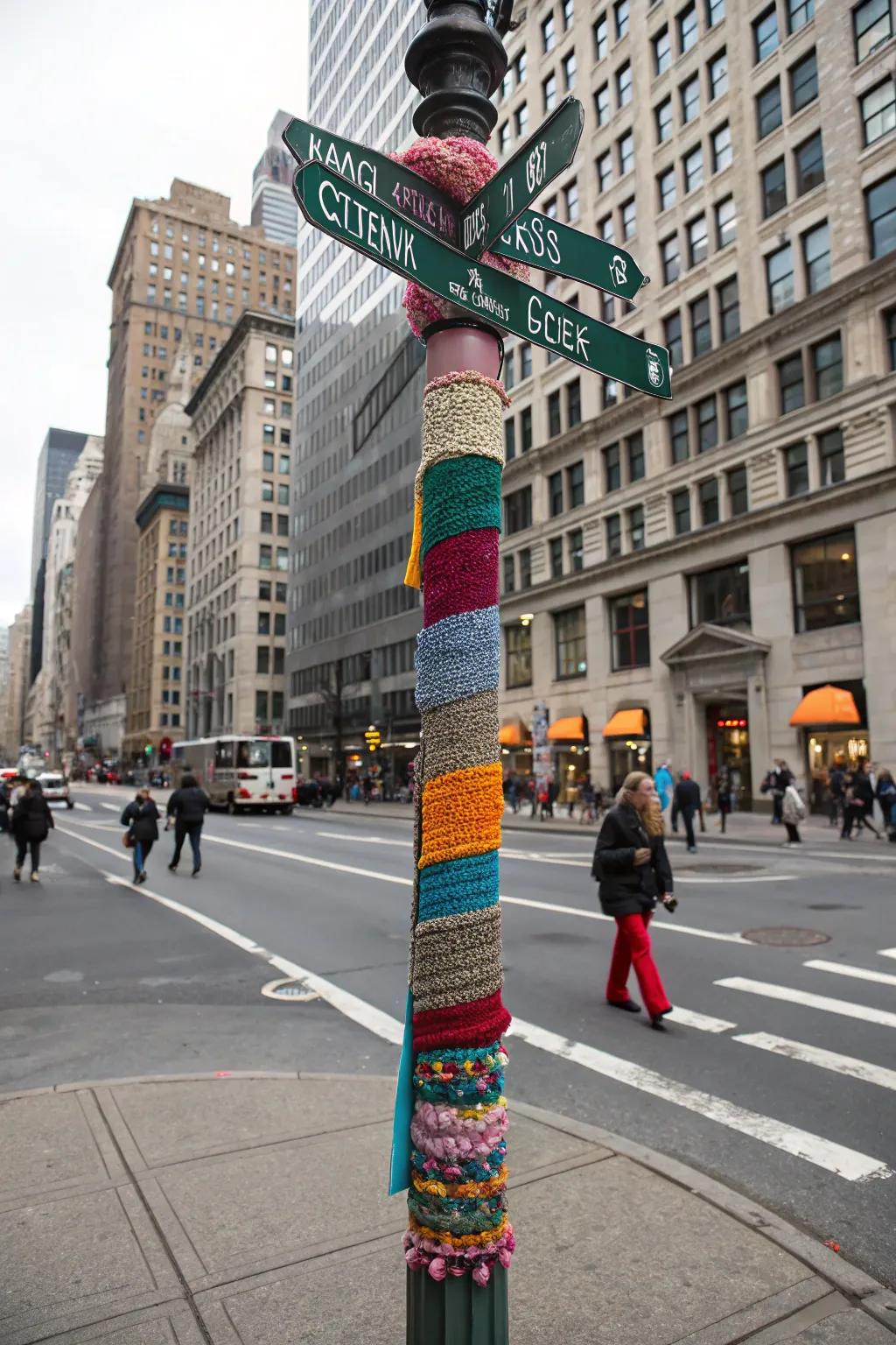 Yarn-covered signposts add vibrancy to the street.