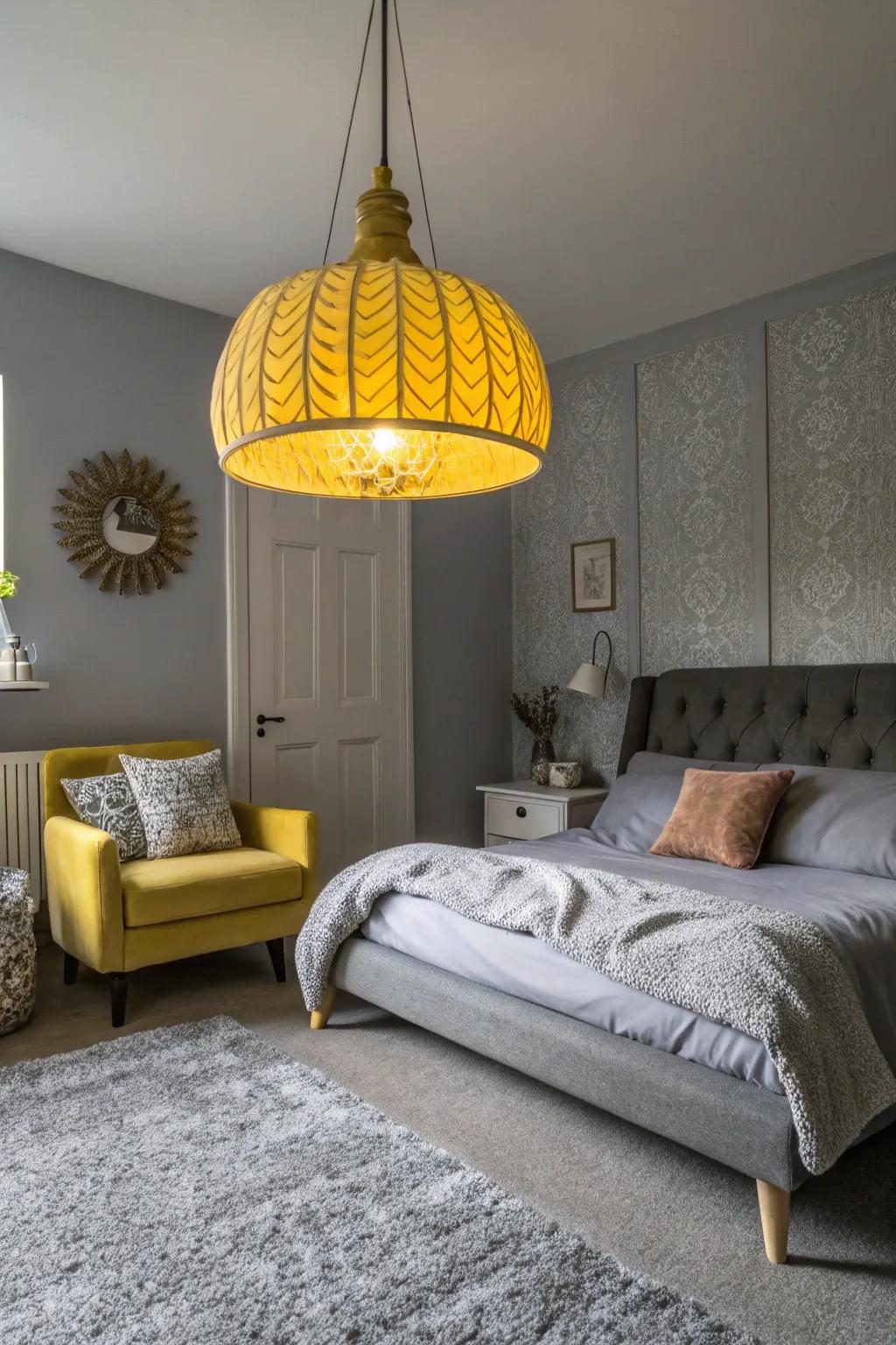 A bold yellow light fixture adds style and focus to a grey room.