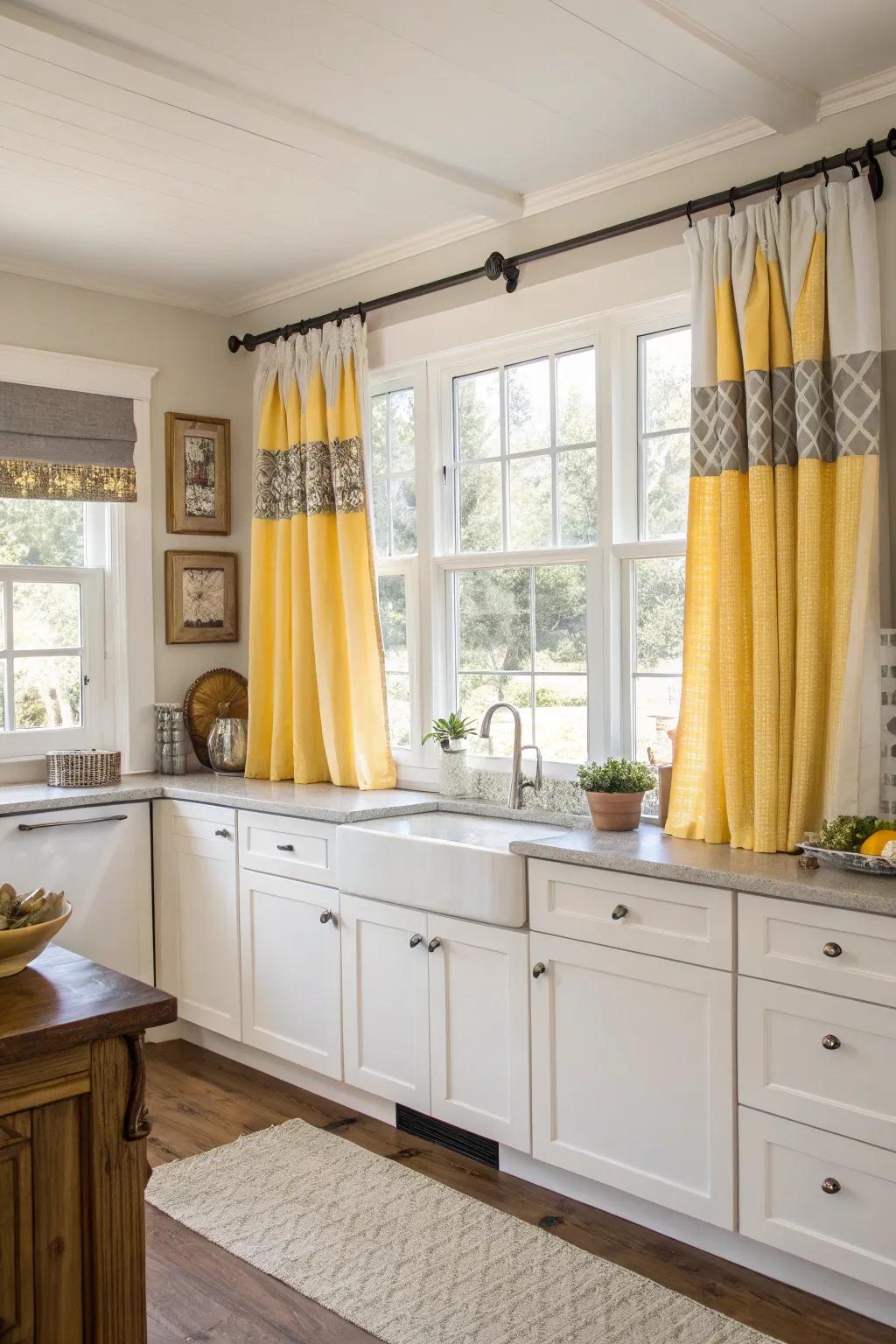 Yellow and grey curtains add a soft touch to a sunny kitchen.