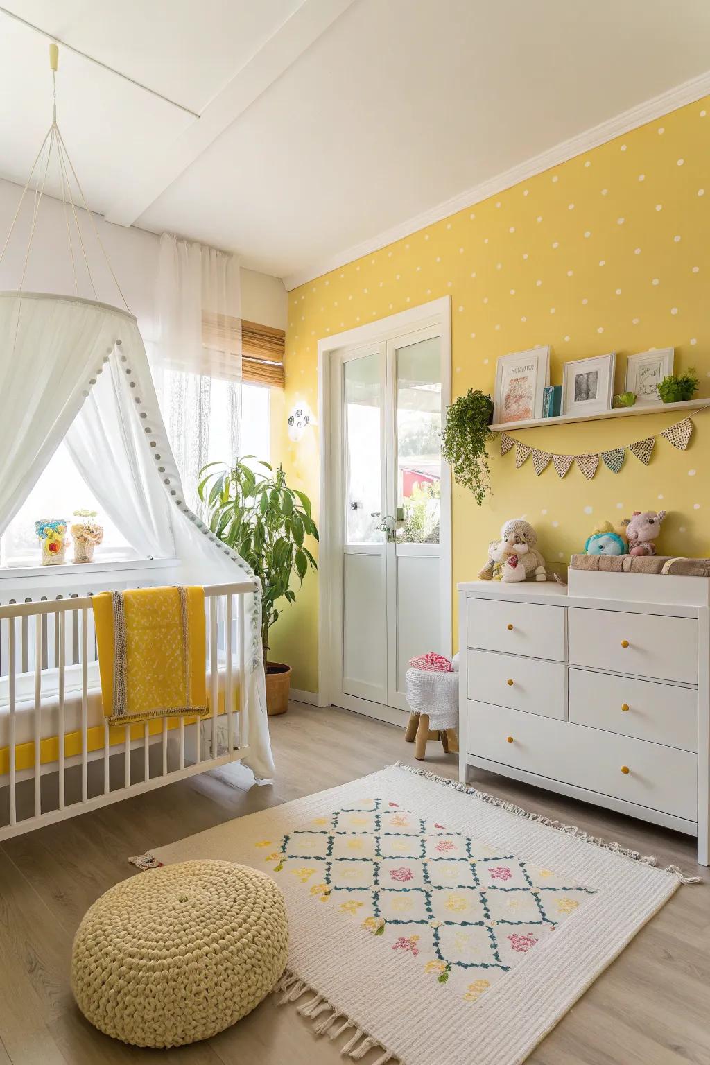 A bright and airy nursery using a classic yellow and white color palette.