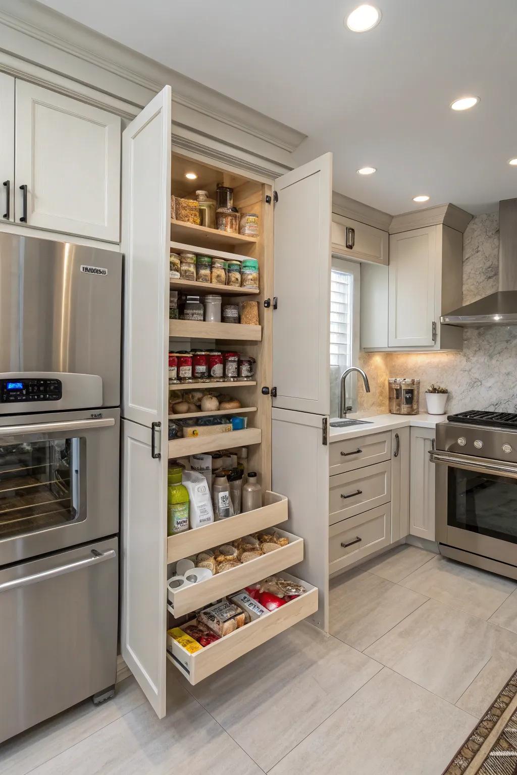 Concealed storage solutions help keep a compact kitchen organized and chic.