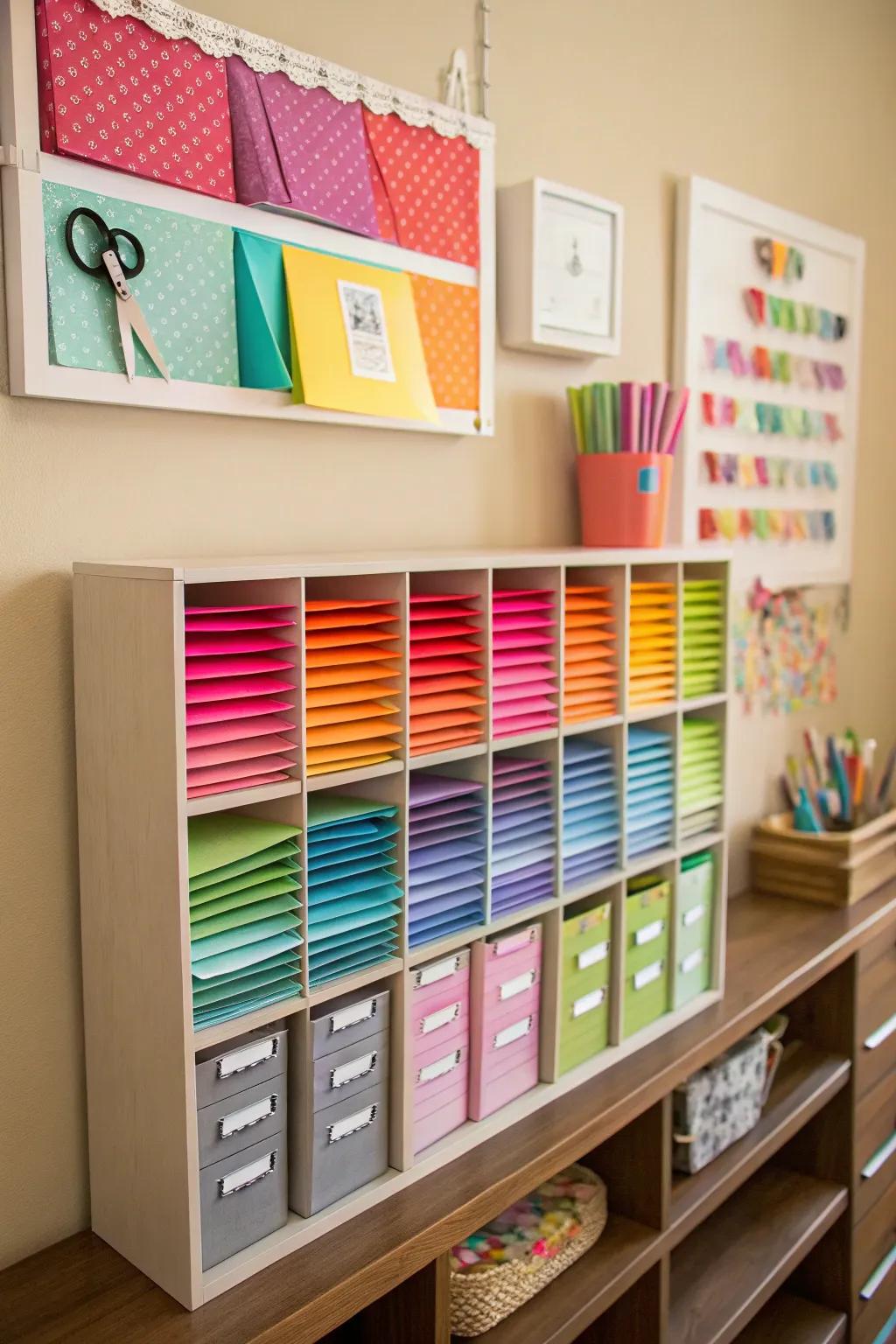 Wall-mounted cubbies offer a space-saving and vibrant way to store papers.