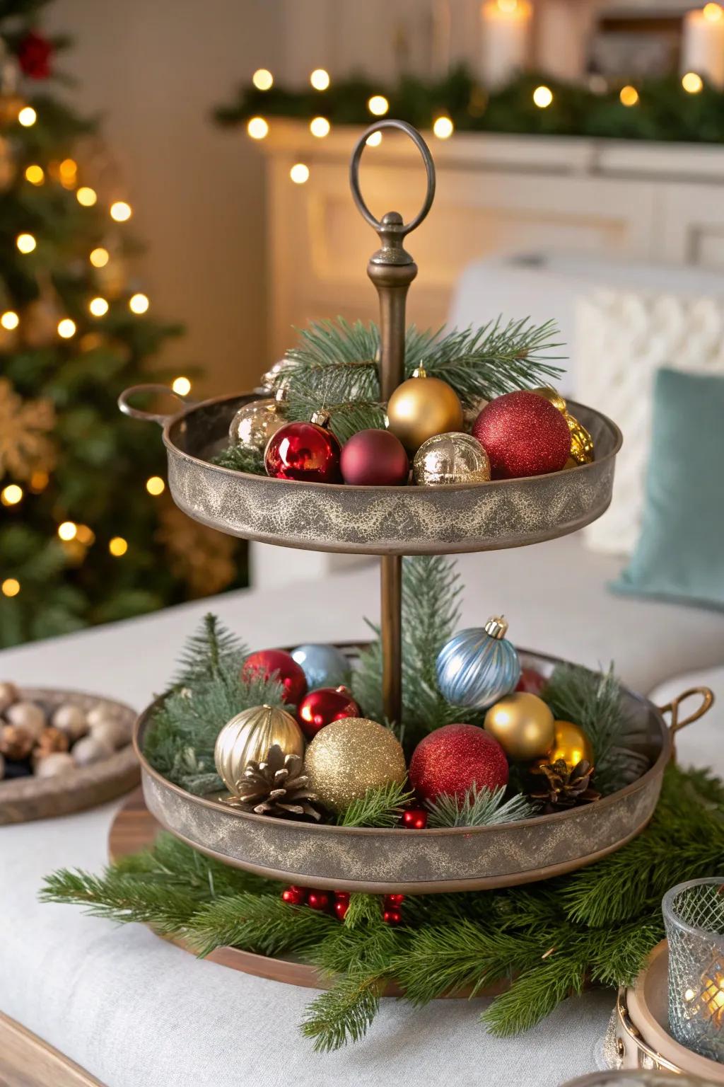 Bring holiday cheer with a Christmas-themed 2-tiered tray.