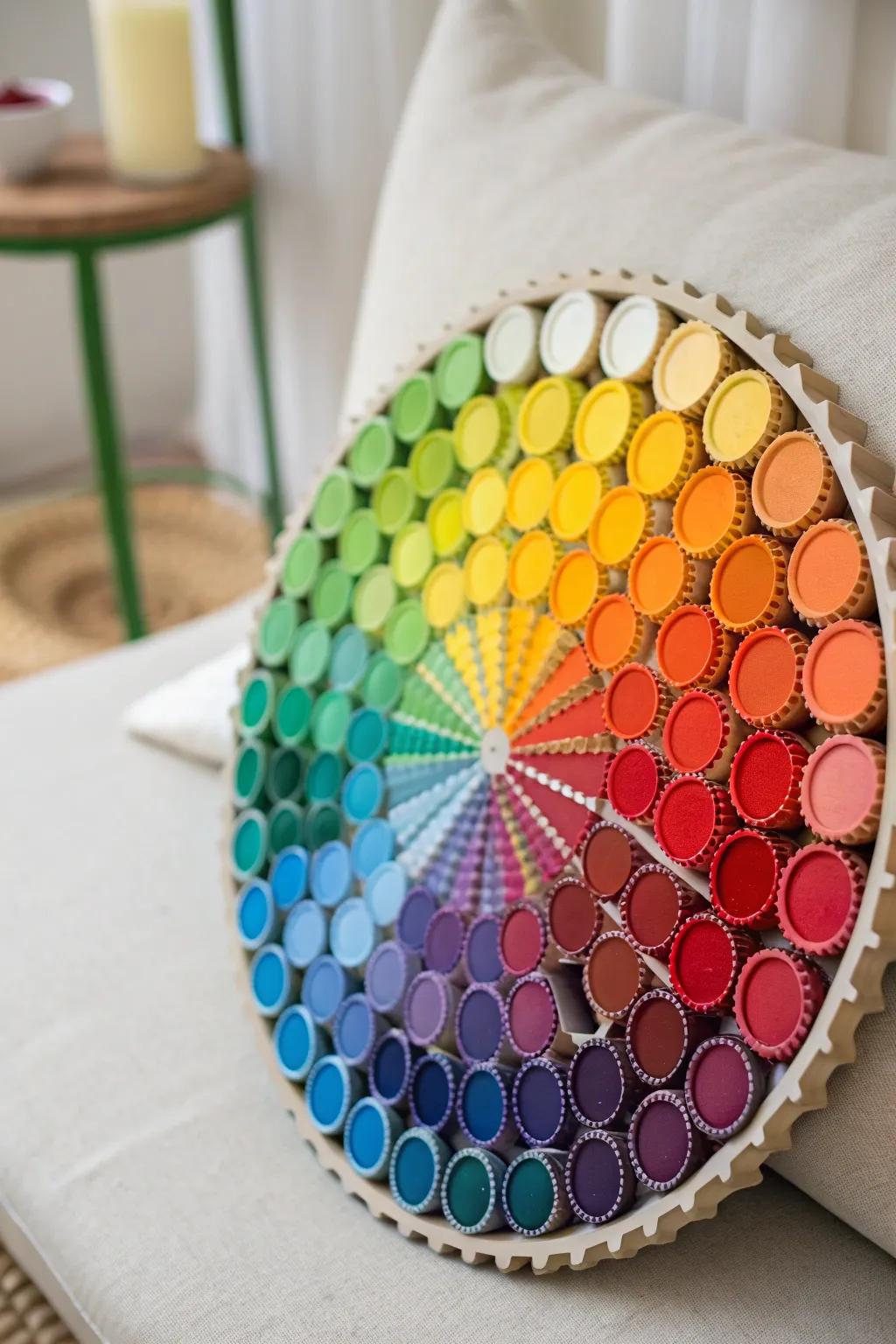Transform everyday bottle caps into a stunning 3D color wheel masterpiece, where sustainability meets artistry.