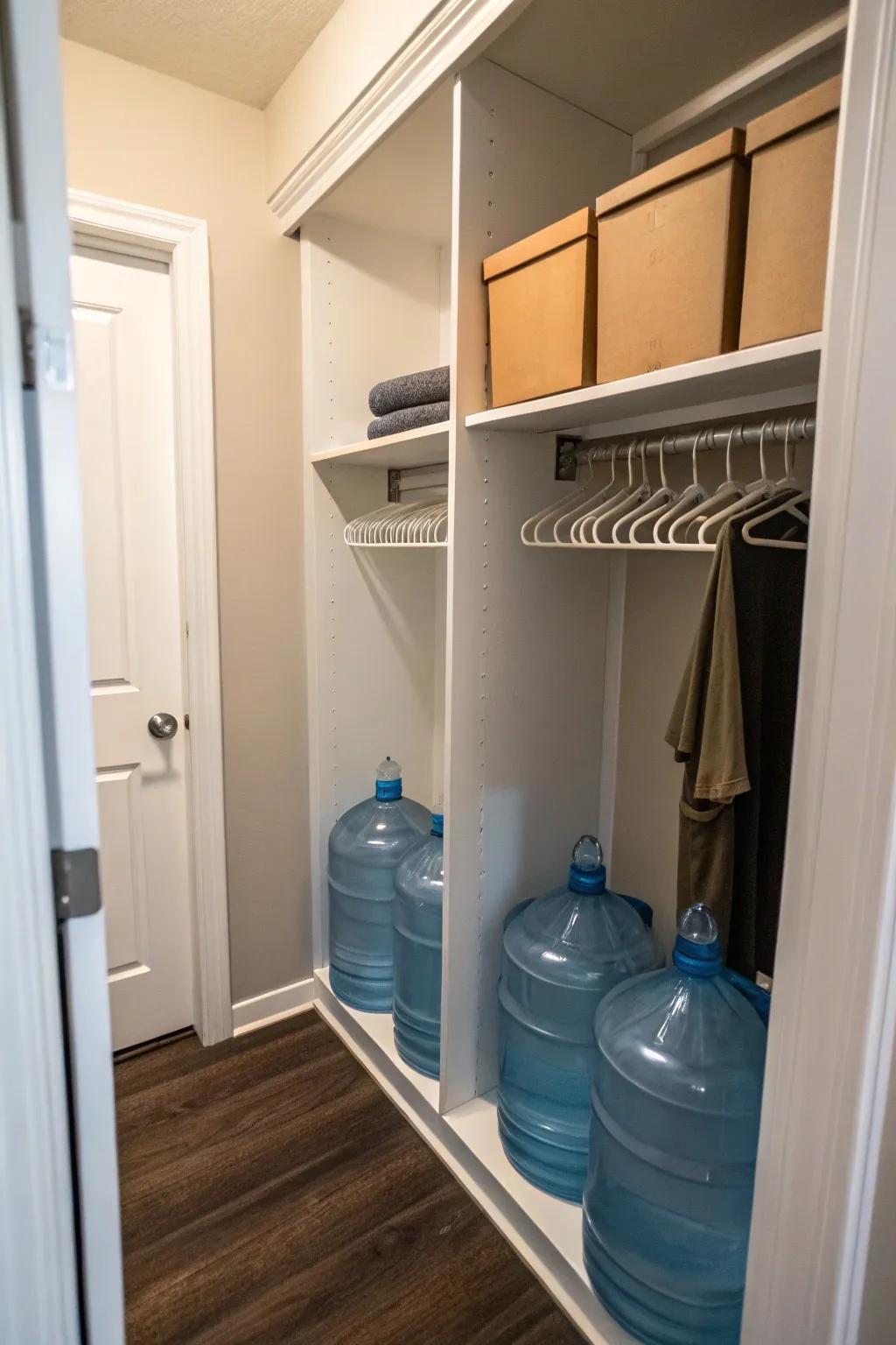 Closet corners offer discreet storage for water jugs.