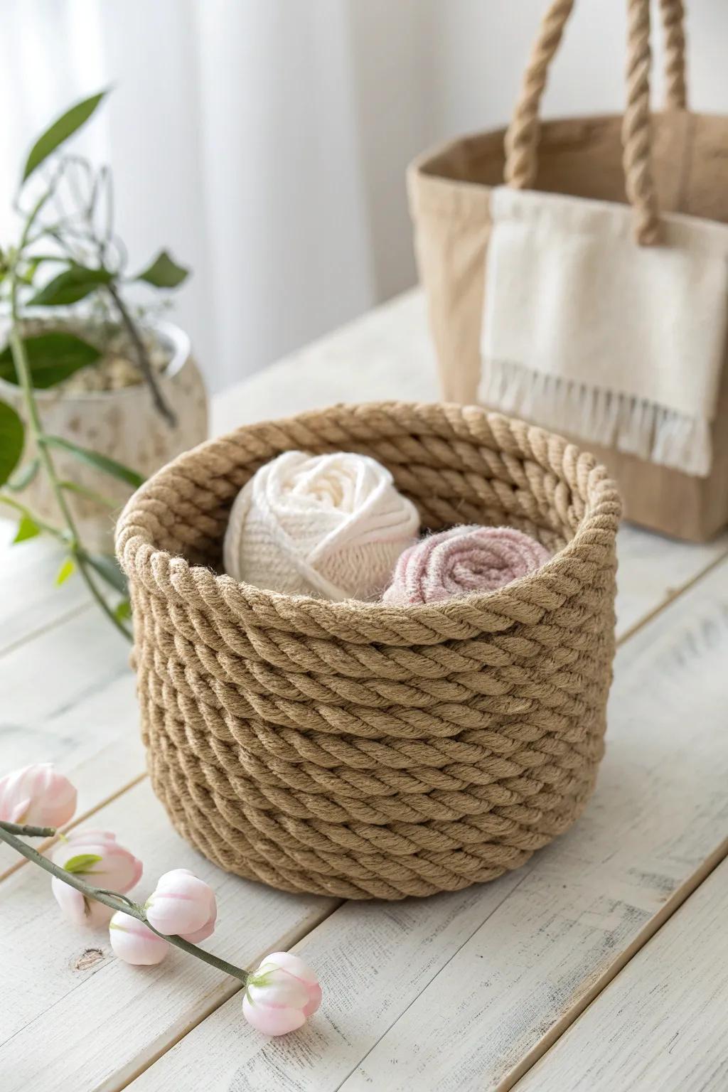 Crafted Charm: This DIY rope basket adds a touch of minimalist elegance to your decor.