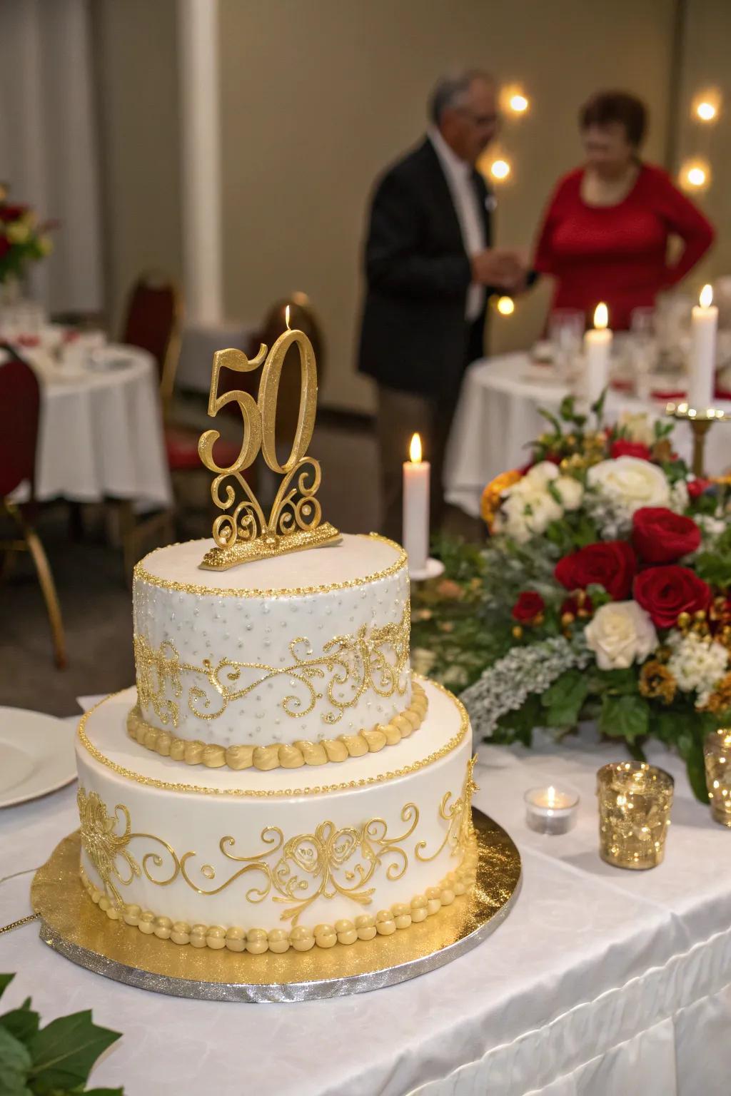 A stunning 50th anniversary cake with gold accents celebrates the couple's milestone.