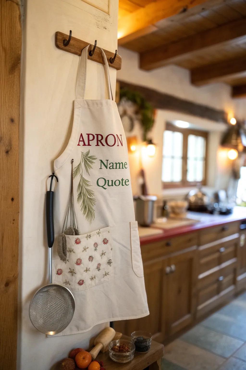 A customized apron adds a personal flair to her kitchen routine.