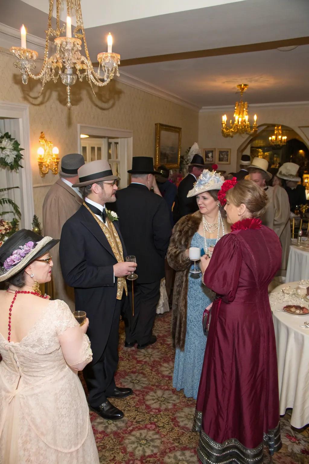 A themed costume party with guests celebrating in vintage style.