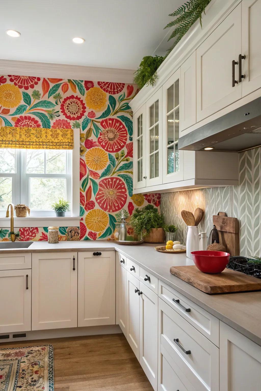 Vibrant wallpaper above cabinets adds a bold touch to the kitchen.