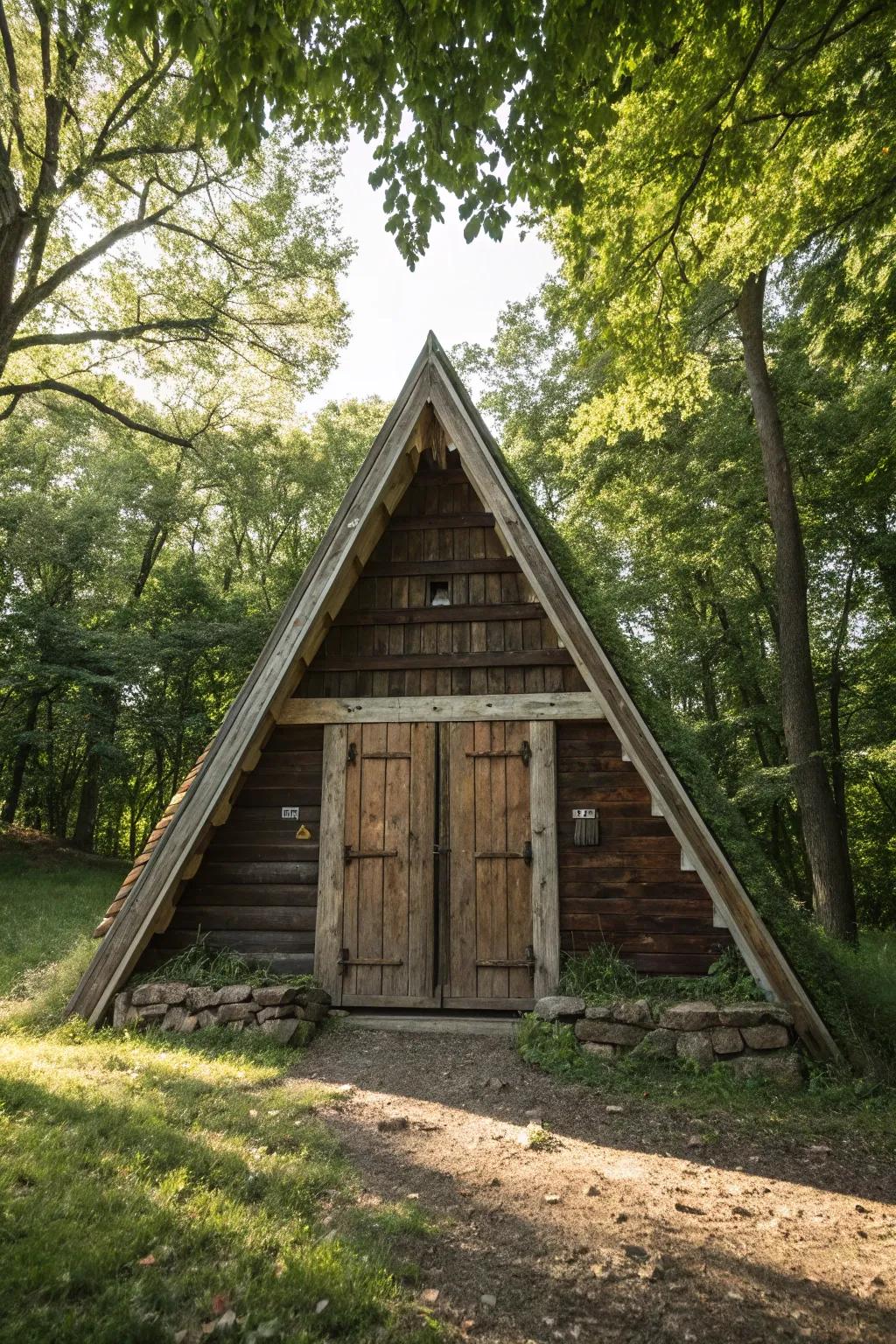 Discover the rustic charm and practicality of an A-frame root cellar that seamlessly blends with nature.