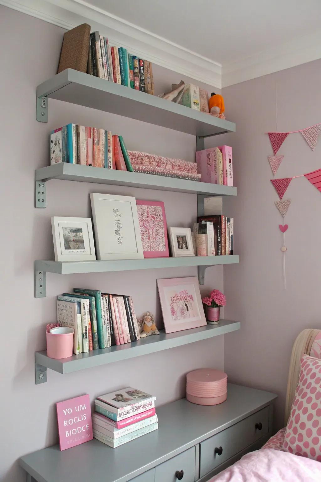 Grey shelving provides both storage and style in a pink and grey bedroom.