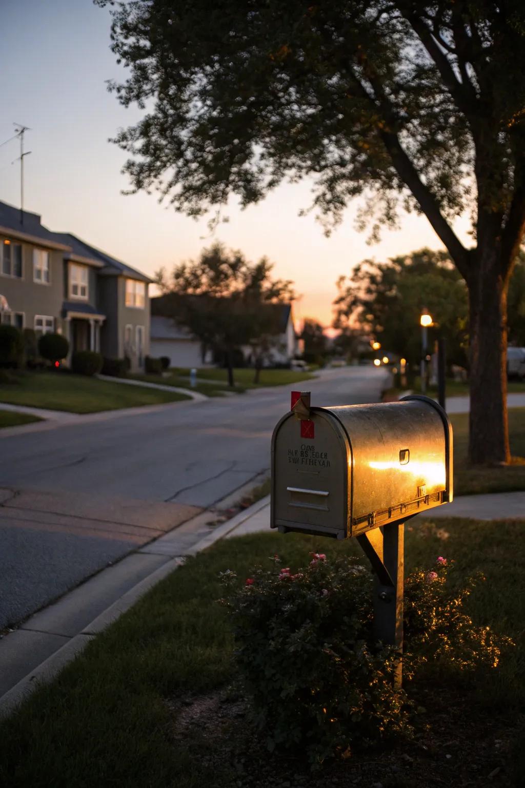 A stylish mailbox with reflective surfaces for added visibility.