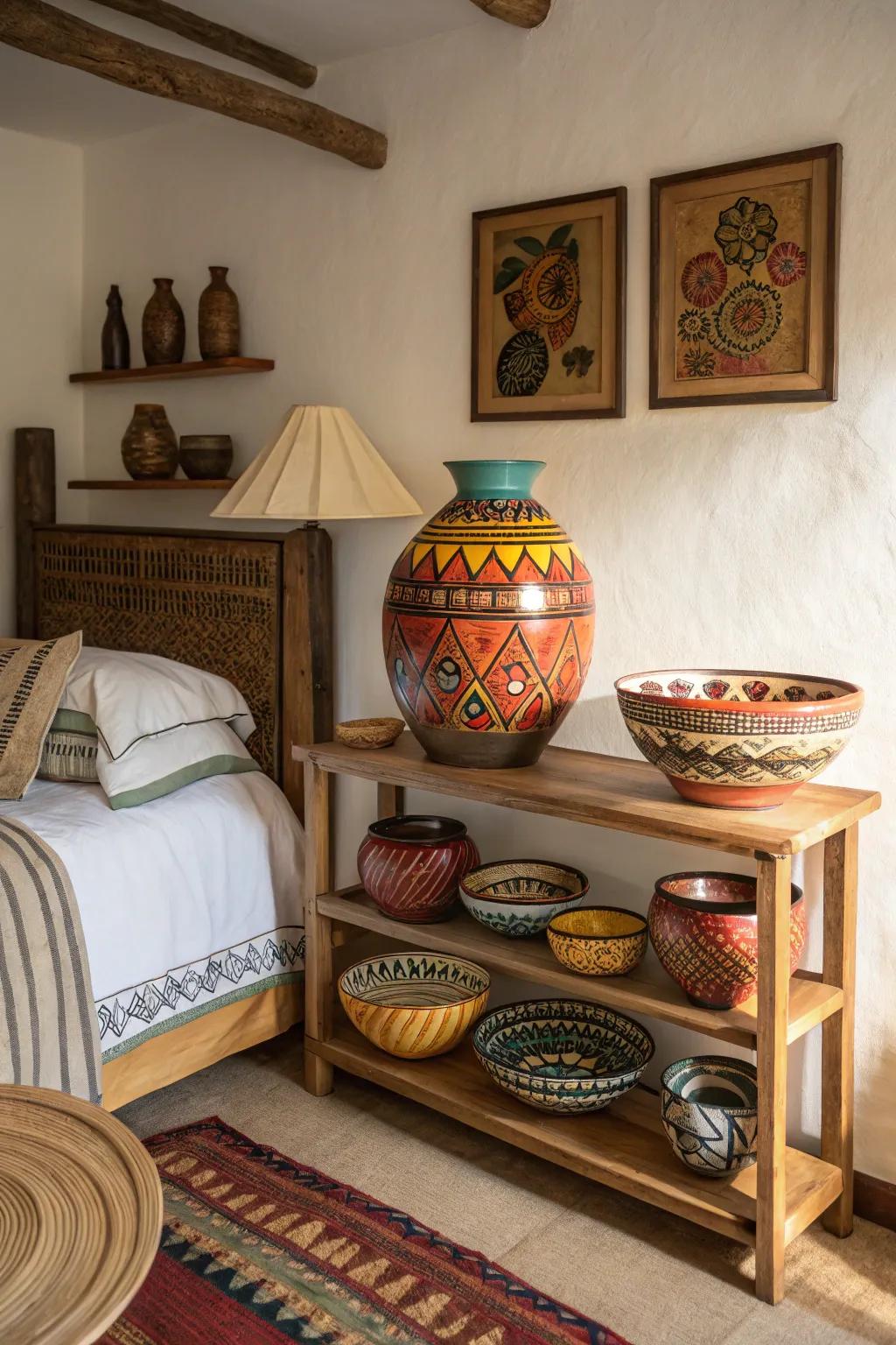 Sculptural African pottery adding beauty and function to a bedroom.