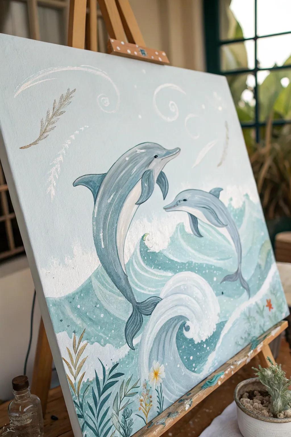 Capture the serene beauty of dolphins dancing through waves with minimalist elegance.