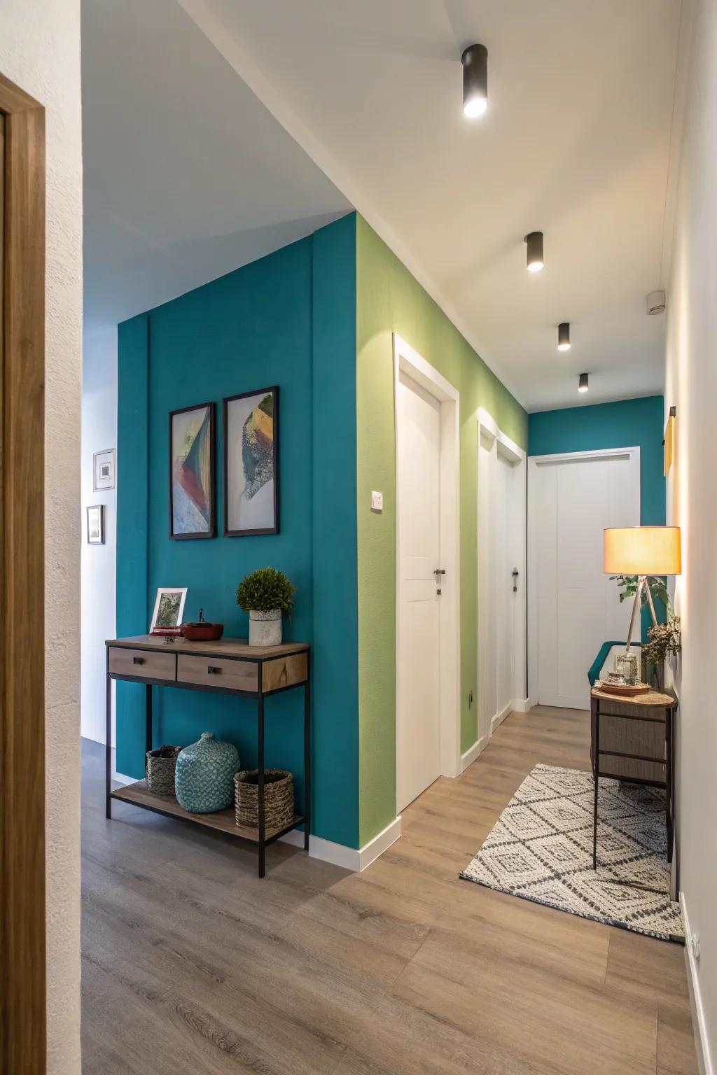 An accent wall adds vibrancy and focus to entryways.