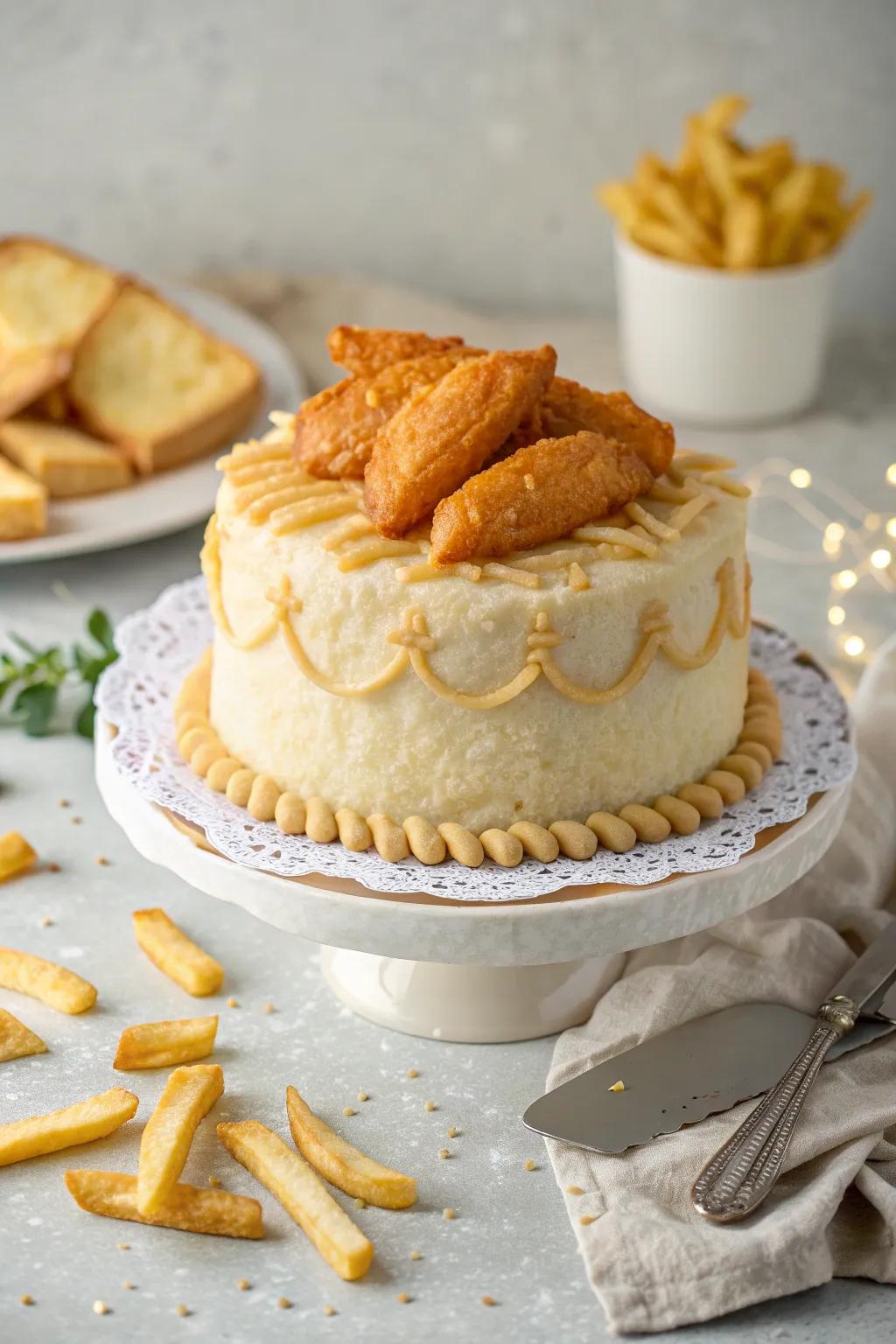 Delectable illusion: A fish and chips cake that tastes as good as it looks! 🍰✨ #AprilFoolsTreat #MinimalistMagic