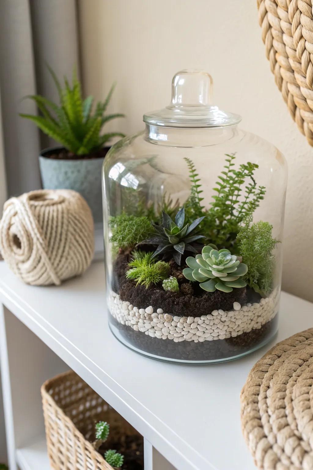 Bring a touch of nature indoors with this charming glass jar terrarium, a perfect blend of simplicity and natural beauty.