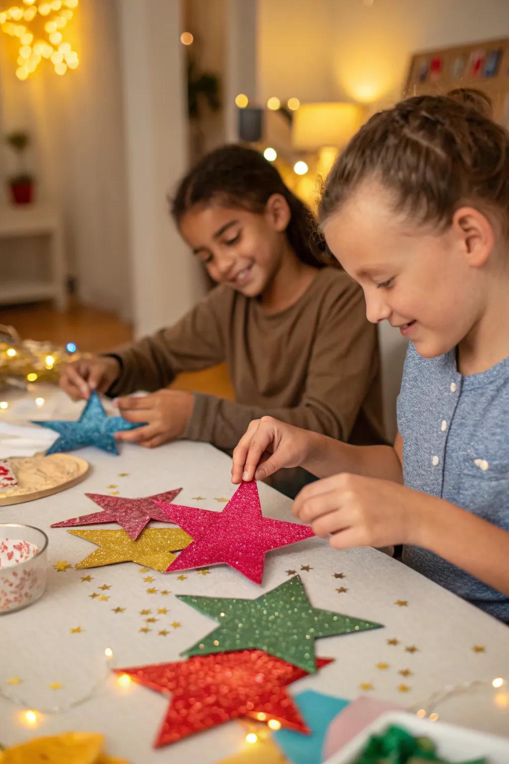 Kids crafting beautiful star ornaments, each adding their unique touch with tissue paper and glitter.