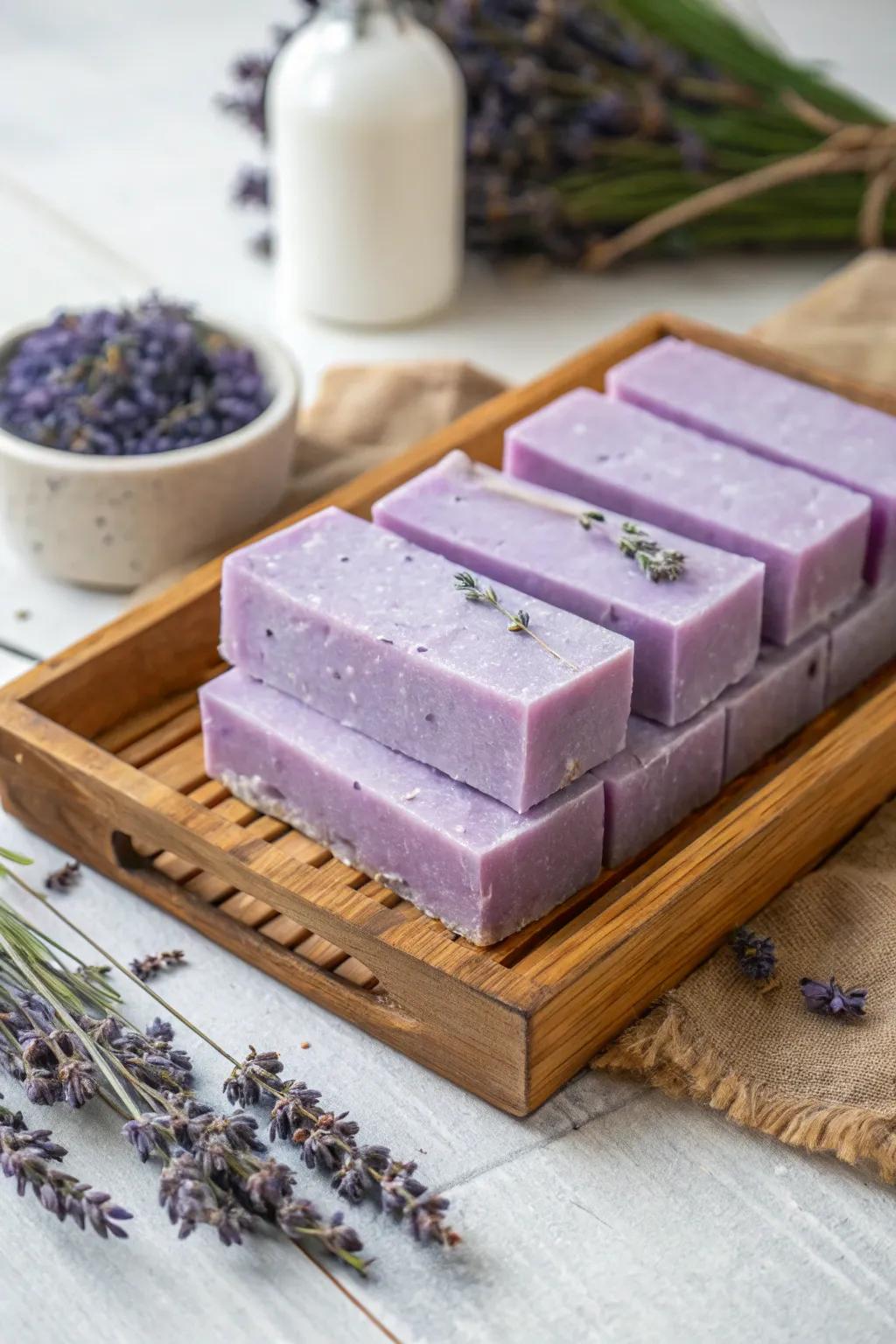 Soothing lavender soap that transforms a bath into a calming retreat.