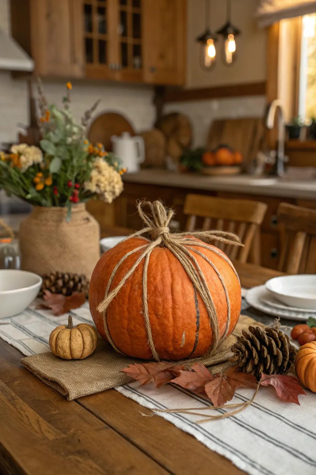 A twine-wrapped pumpkin, perfect for a rustic farmhouse aesthetic.