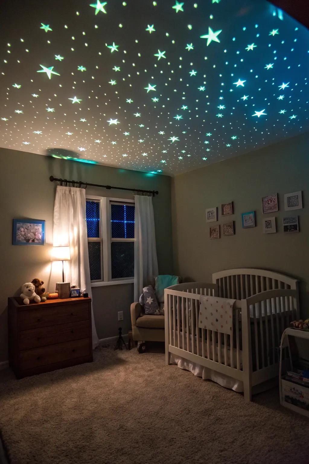 A nursery with a magical starry night ceiling for soothing evenings.