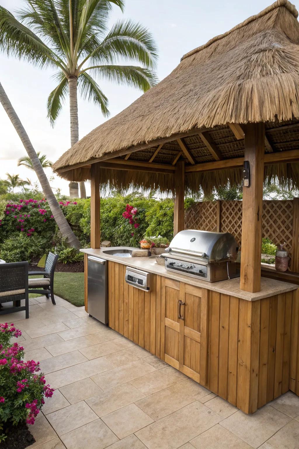 An outdoor kitchen makes your tiki hut perfect for dining.