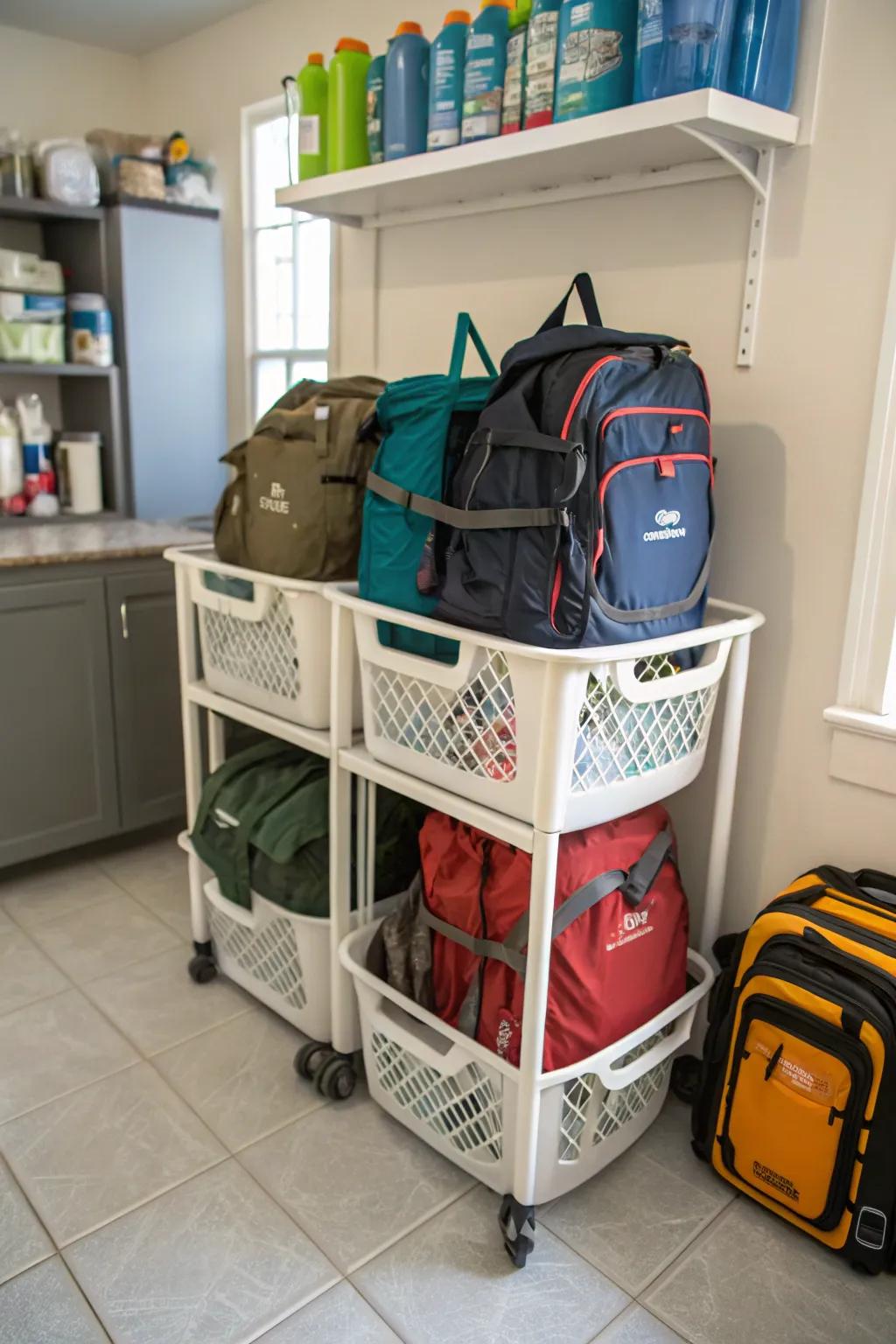 Partitioned laundry baskets keep backpacks organized.