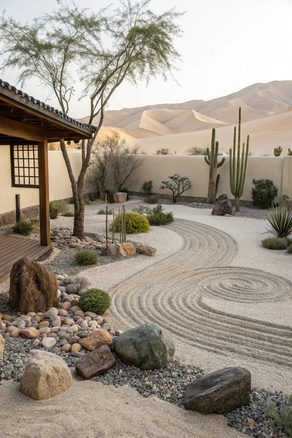 A Zen garden adds a tranquil, meditative element to a desert backyard.