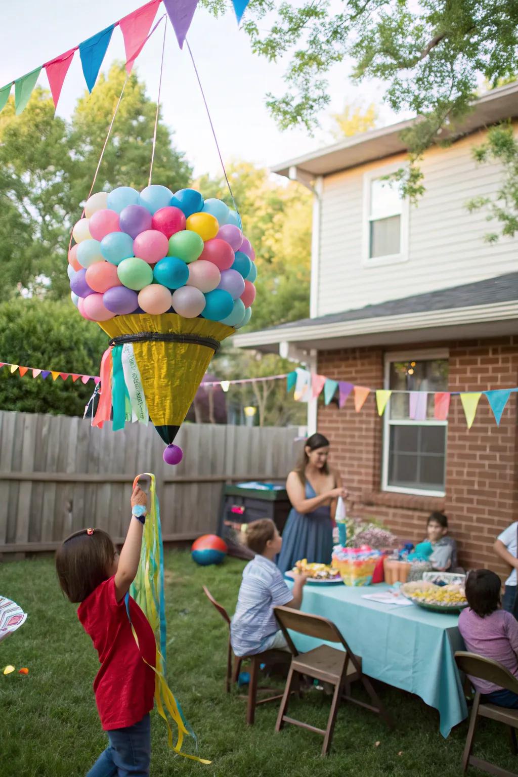 A balloon piñata promises fun and surprises for the party guests.