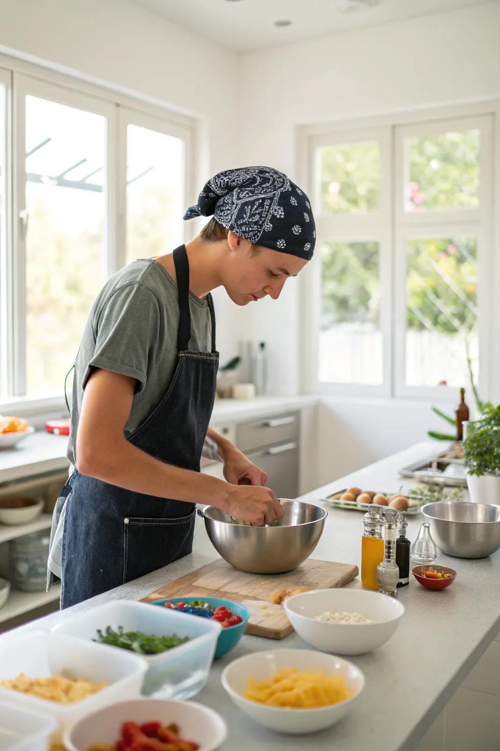 A bandana apron is both stylish and practical for any kitchen task.