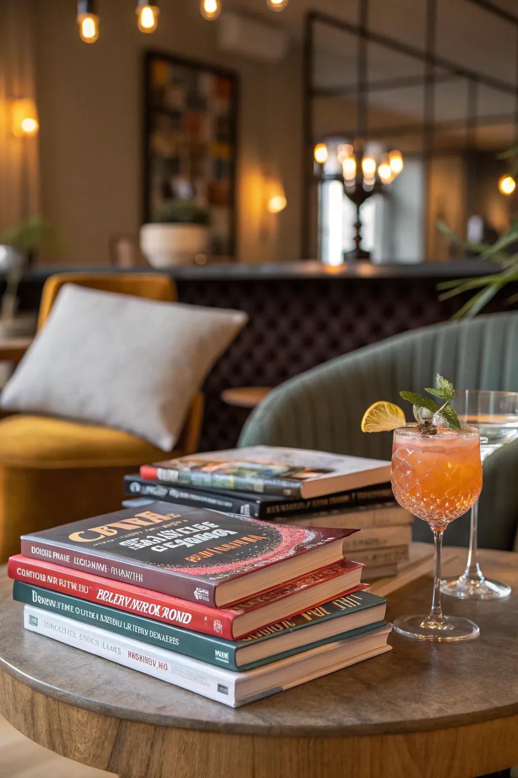 Books and magazines add character to this inviting bar table.