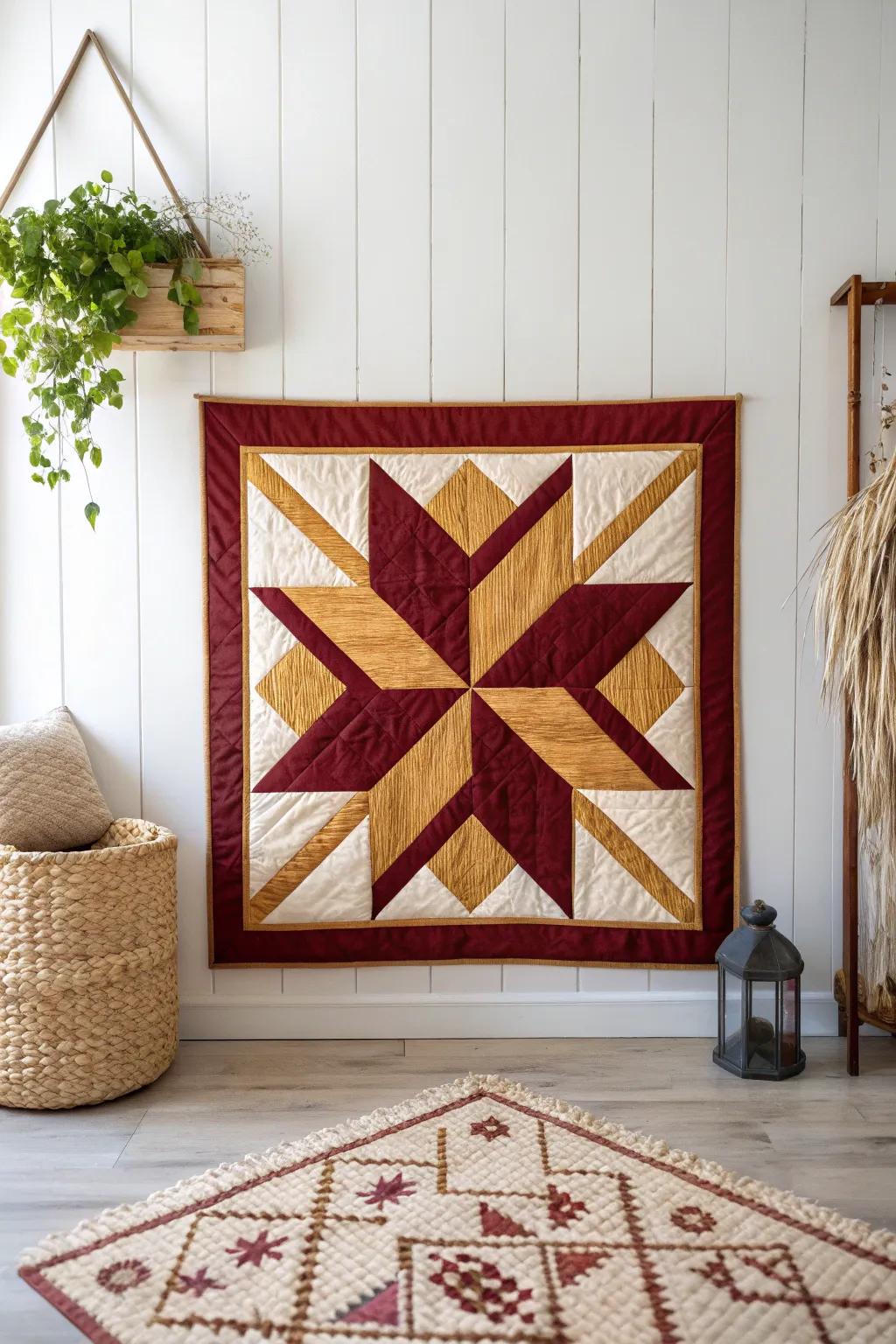 Elevate your space with the luxurious blend of burgundy and gold in this exquisite barn quilt design.