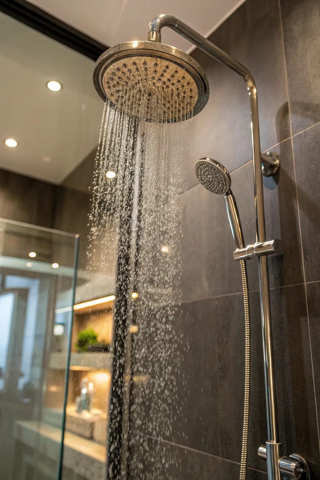 Rain shower heads offer a luxurious showering experience.