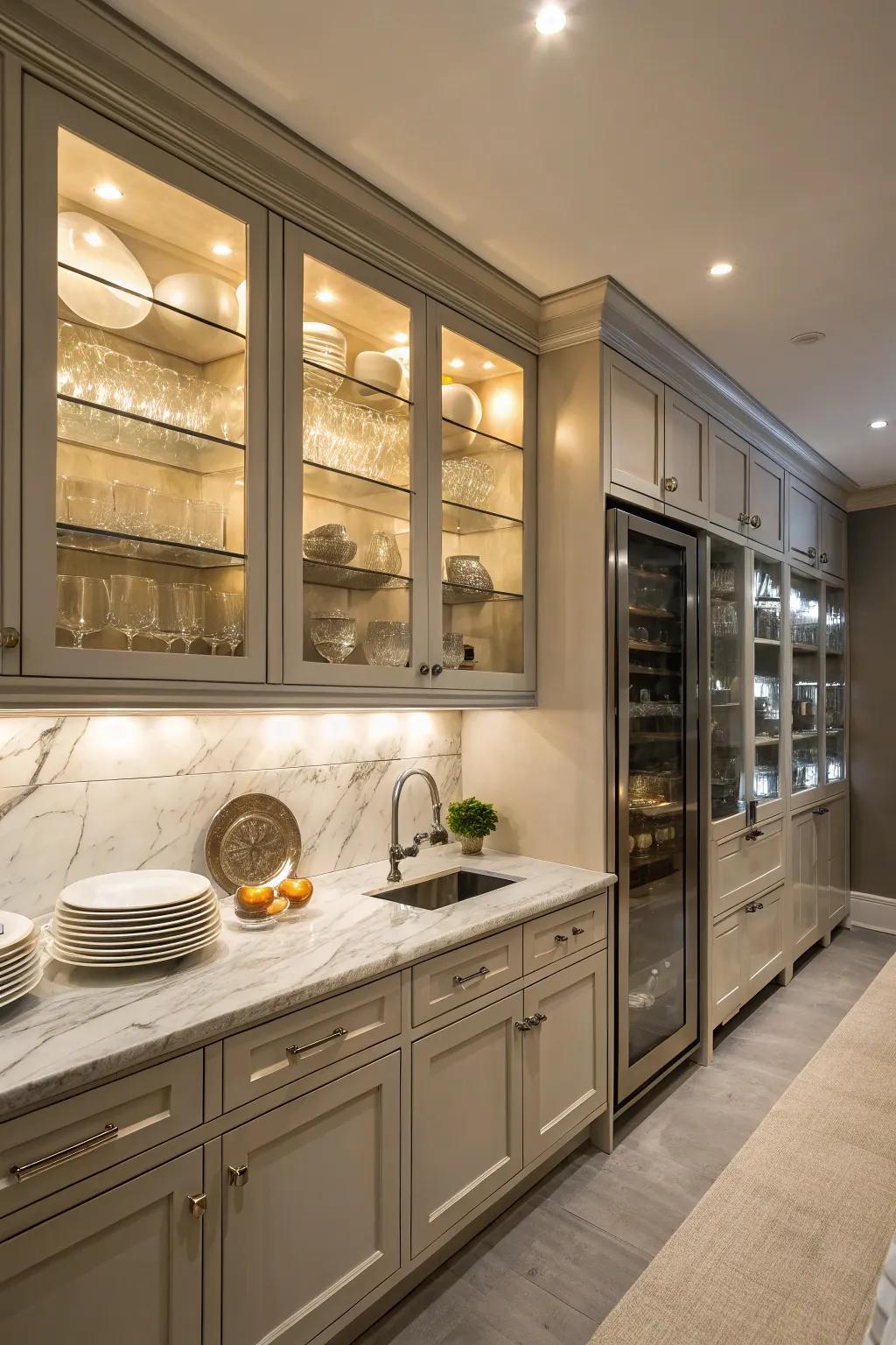 Glass-front cabinets add elegance and openness to a basement kitchen.