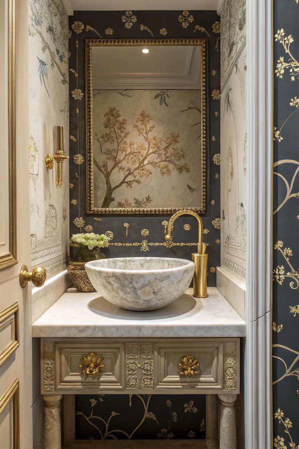 A chinoiserie alcove adds a bold and artistic touch to your bathroom.